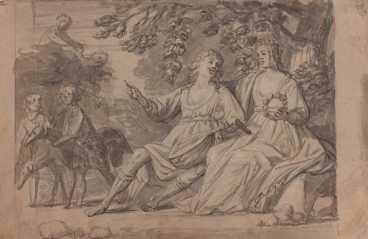 A pastoral scene featuring a man and a woman in a serene landscape.