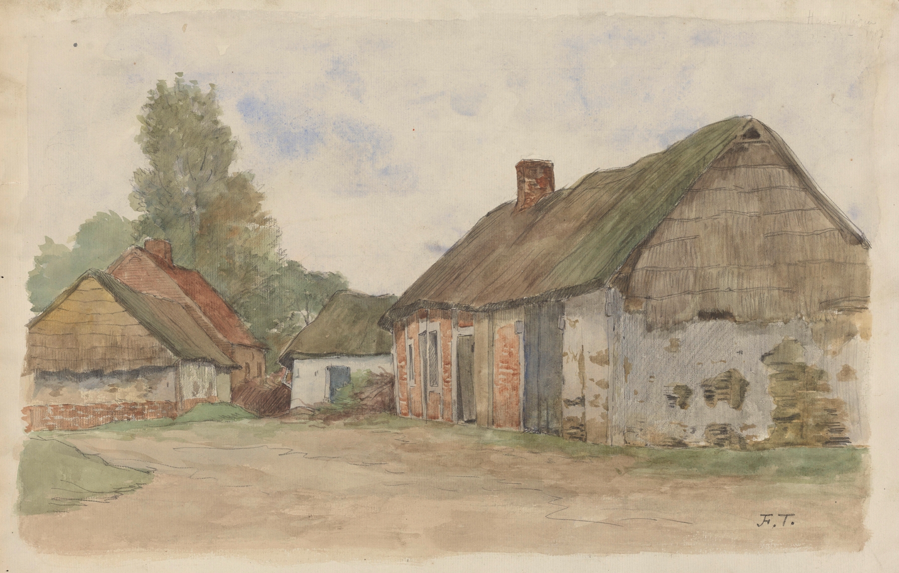 Chaumières by Jean-François Taelemans, oil on canvas featuring cottages in mist