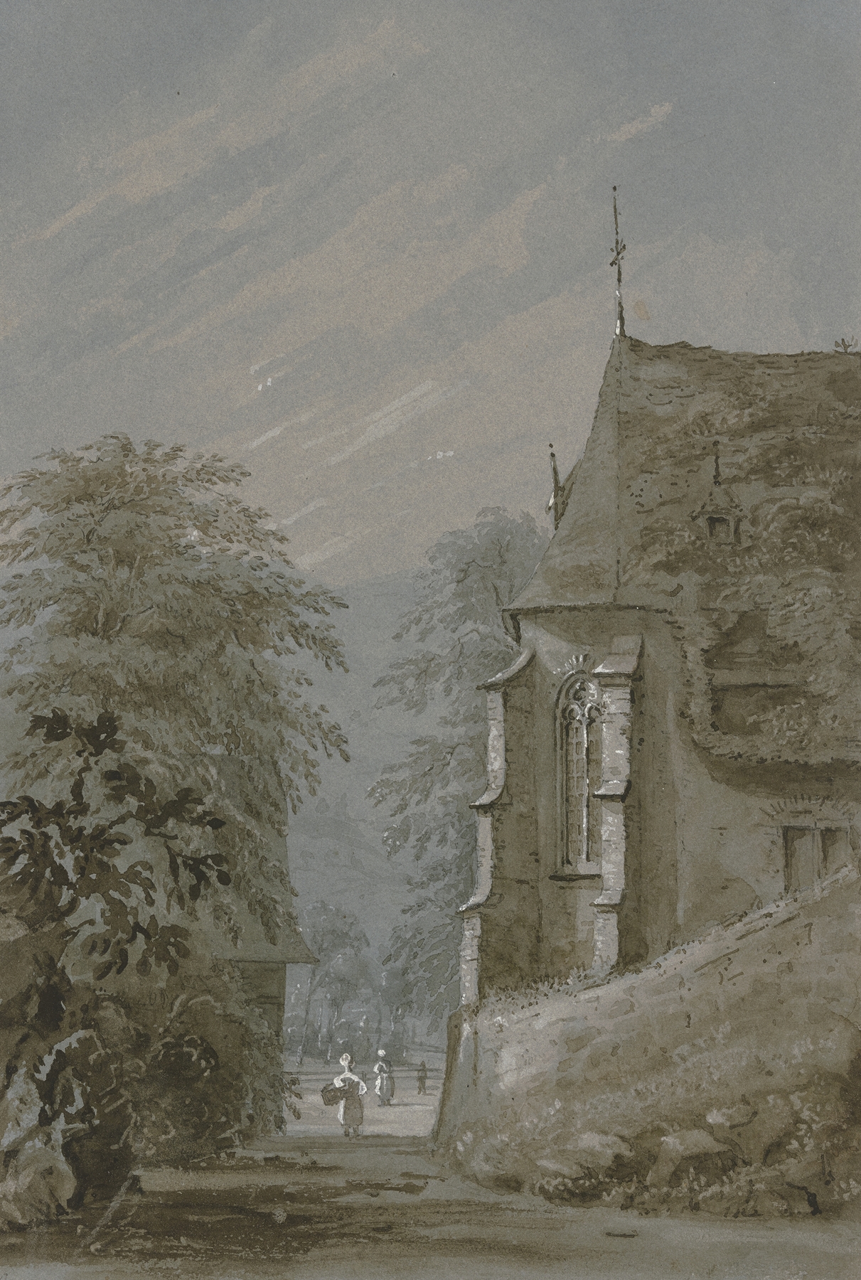 Chapel by Henry Fortescue, depicting light filtering through stained glass windows, oil painting