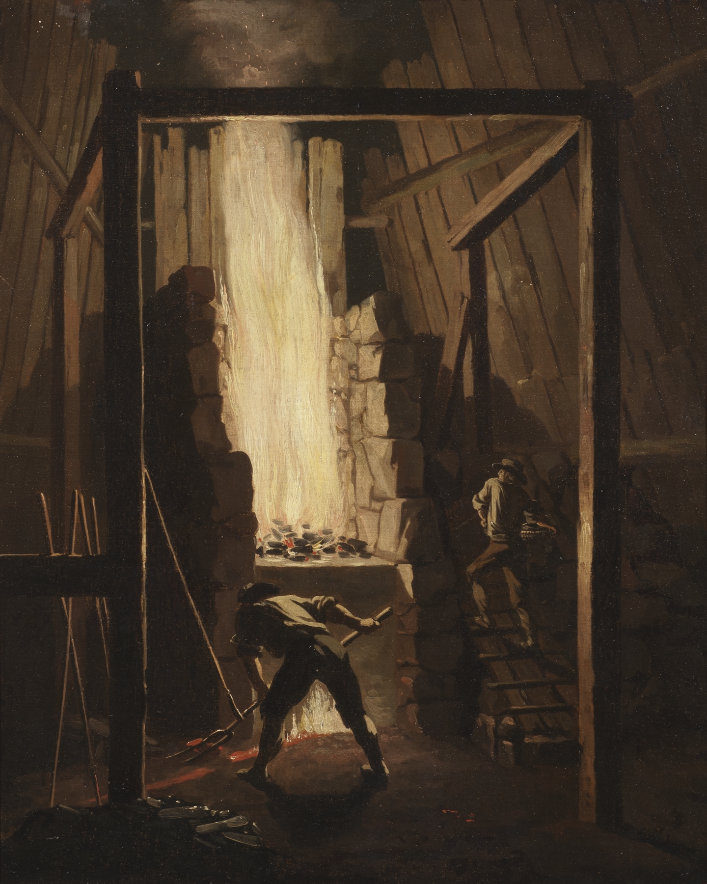 Interior of a copper foundry with artisans working, oil on canvas by Pehr Hilleström