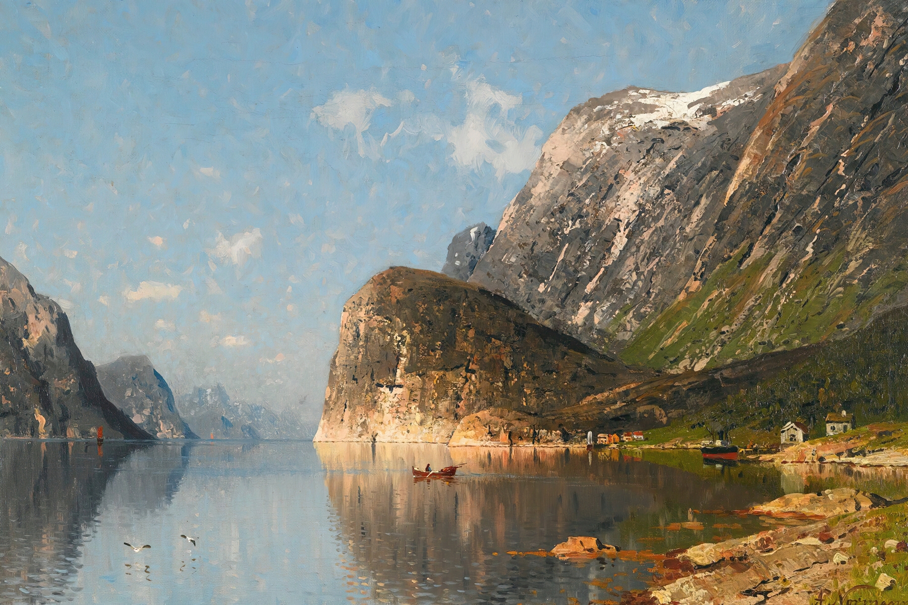 A Norwegian fjord, oil on canvas by Adelsteen Normann, depicting water reflecting mountains.