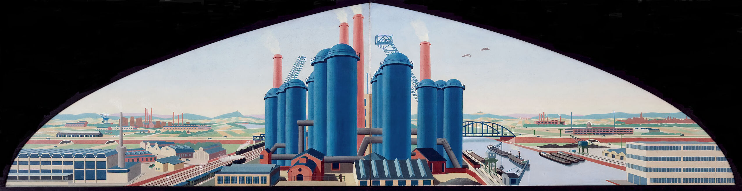 Wood sculpture of an industrial landscape by Carl Grossberg