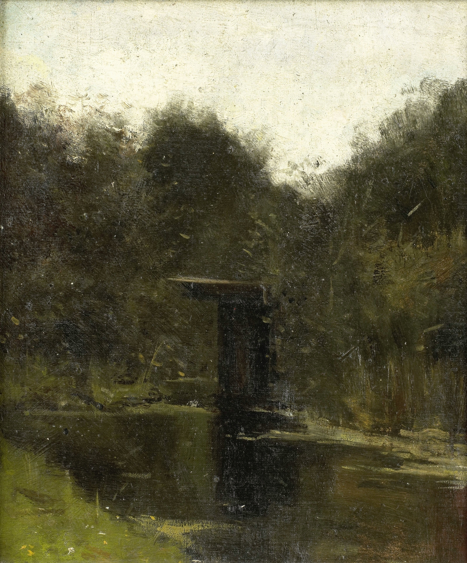 Landscape of a serene pond reflecting the morning sky, oil painting by Richard Nicolaüs Roland Holst.