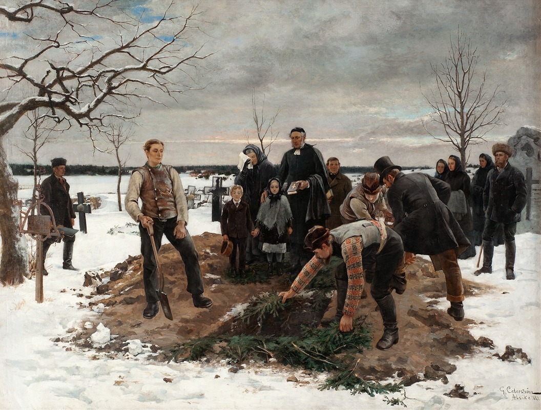 A somber depiction of a funeral scene in Alsike by Gustaf Cederström.