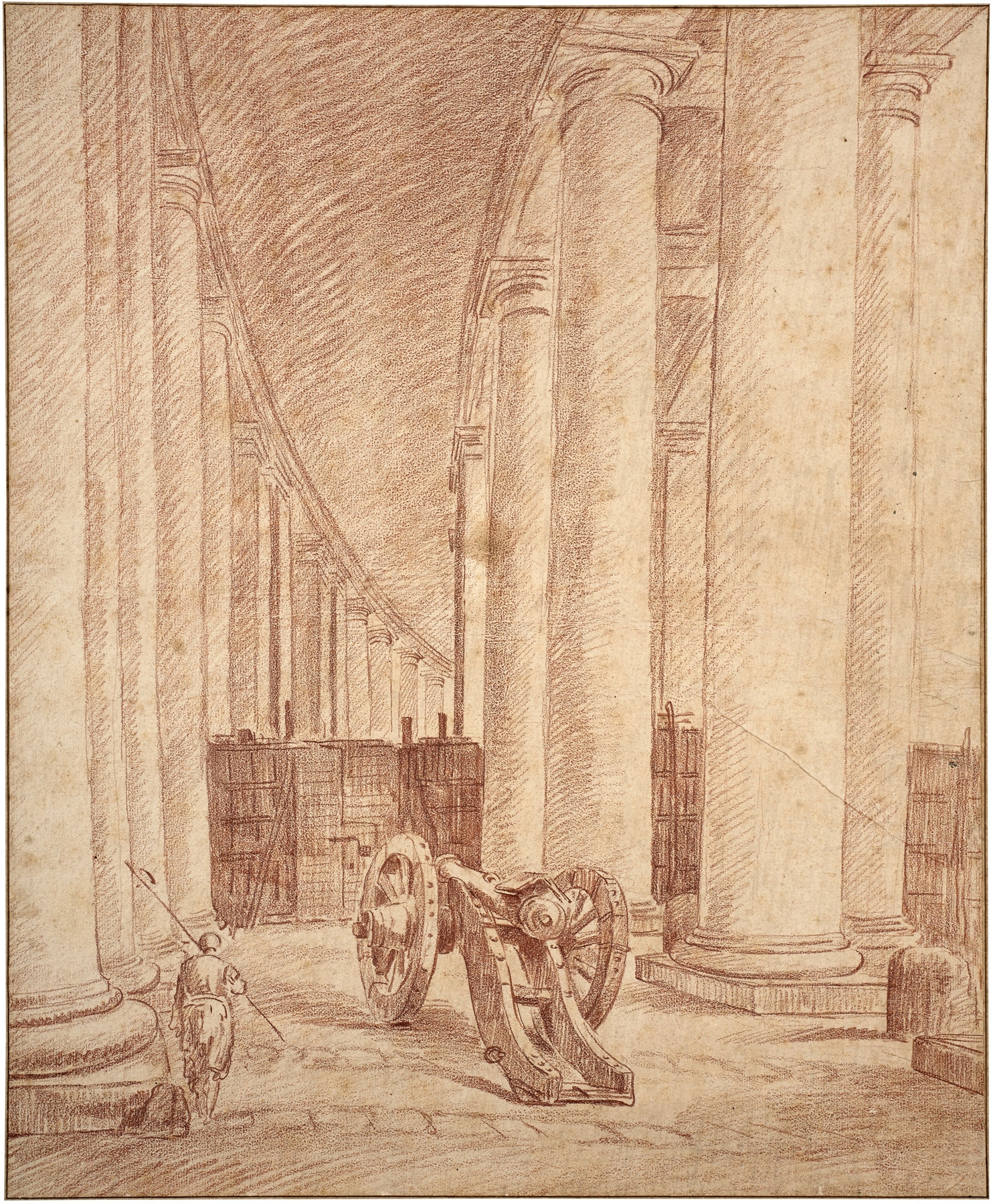 Papal guard and cannon under the colonnade of Saint Peter in Rome, oil on canvas by Hubert Robert