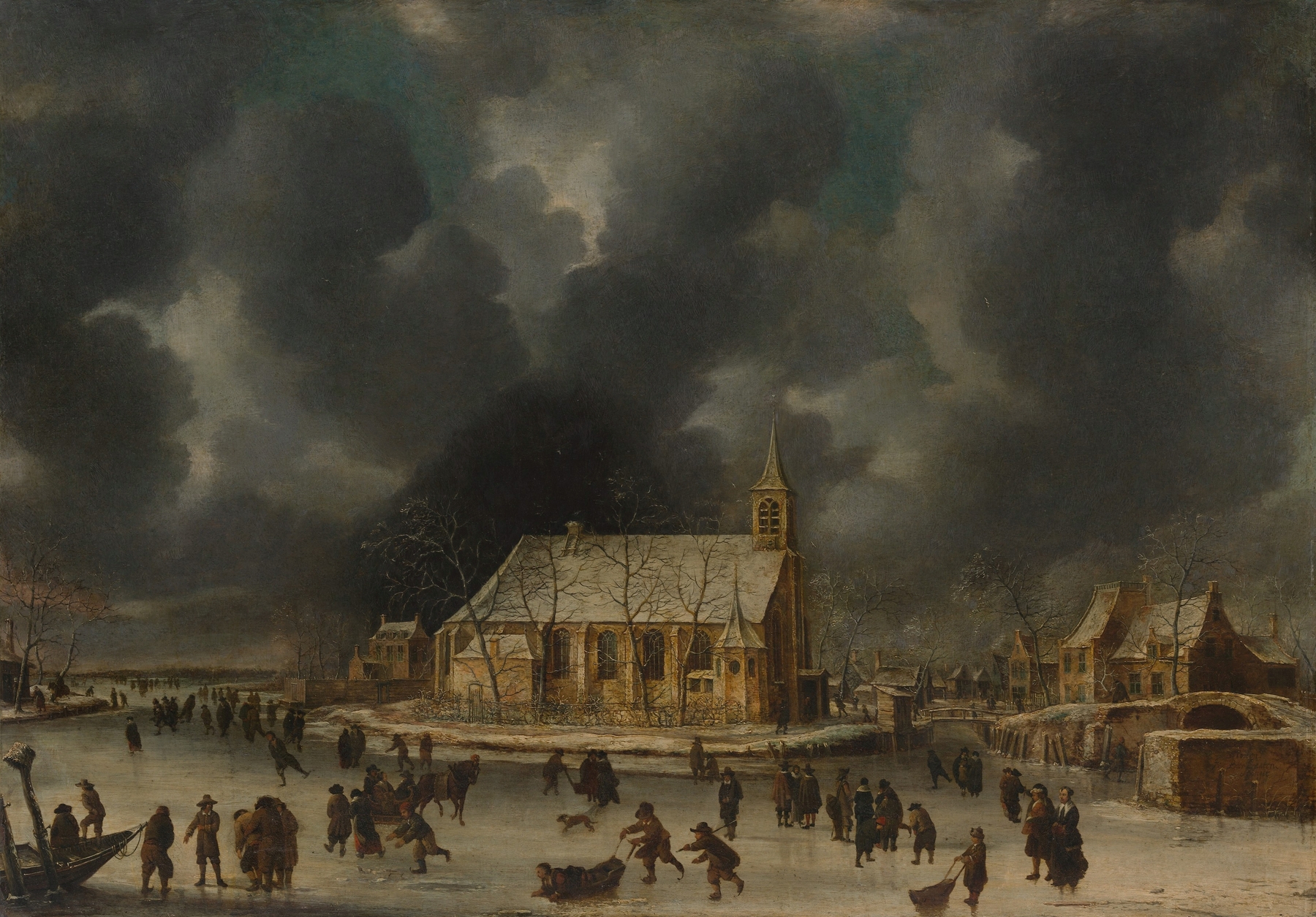 Skating at Sloten, oil on canvas by Jan Abrahamsz Beerstraaten, depicting skaters on ice in winter.