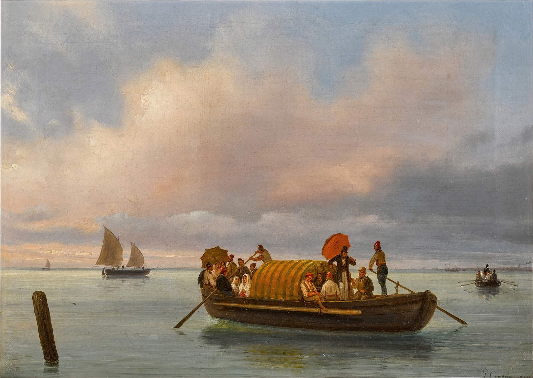 A Venetian lagoon scene with a gondola, oil on canvas by Giuseppe Canella