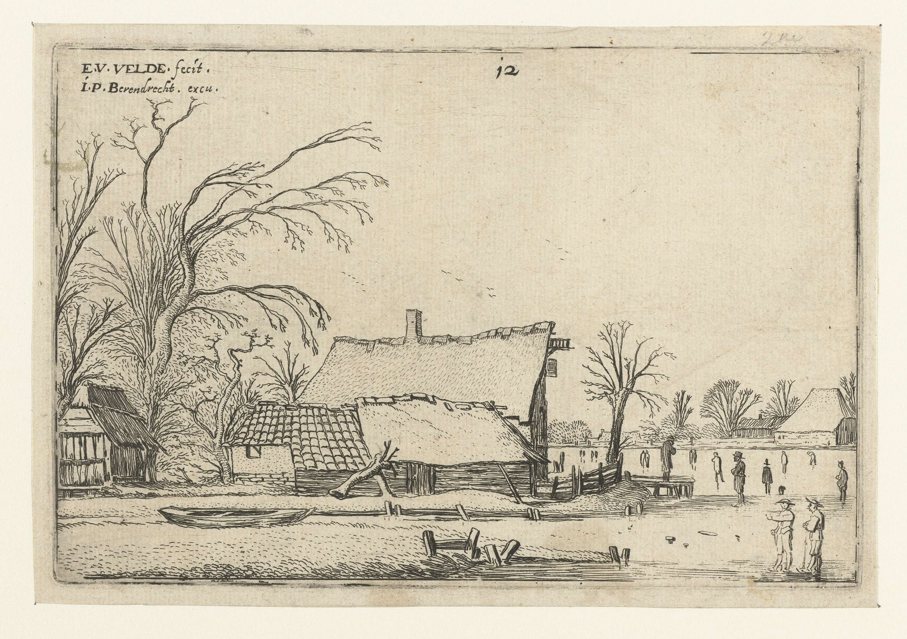 Etching by Esaias van de Velde of a farmhouse by a frozen river with skaters.