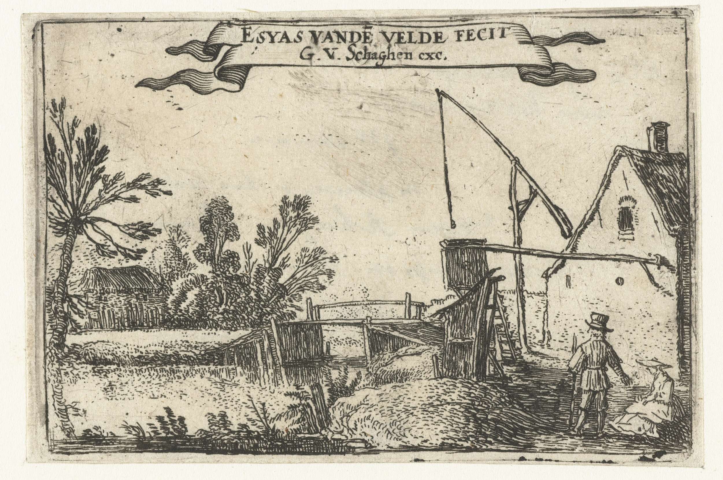 Etching by Esaias van de Velde showing a farmhouse by a canal