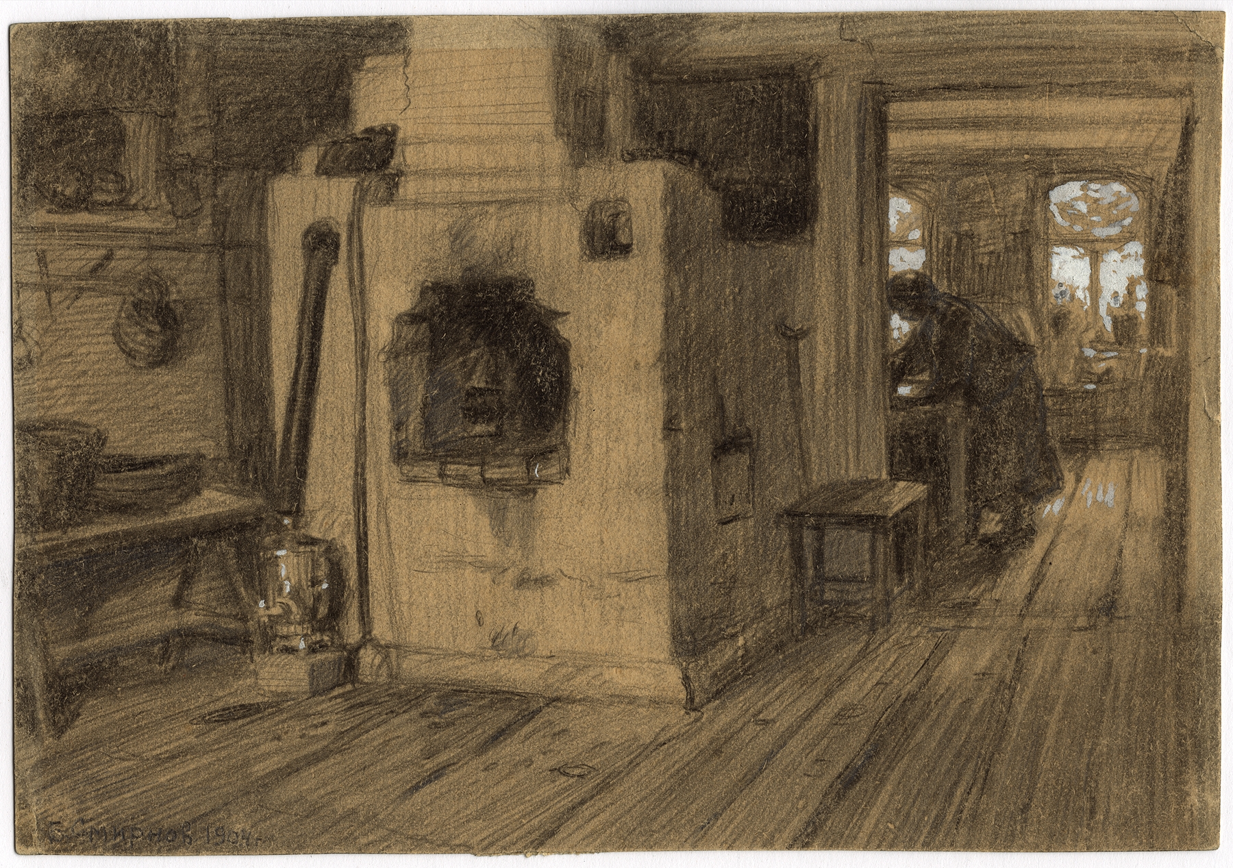 Interior scene with warm light from a hut by Boris Vasilievich Smirnov