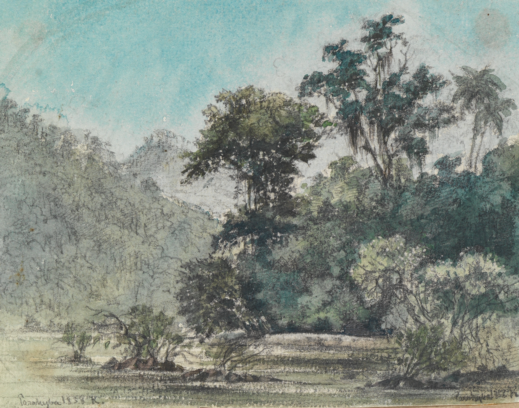 Blick auf das bewaldete Flussufer, oil on canvas by Ferdinand Keller, depicting a serene river and forest.