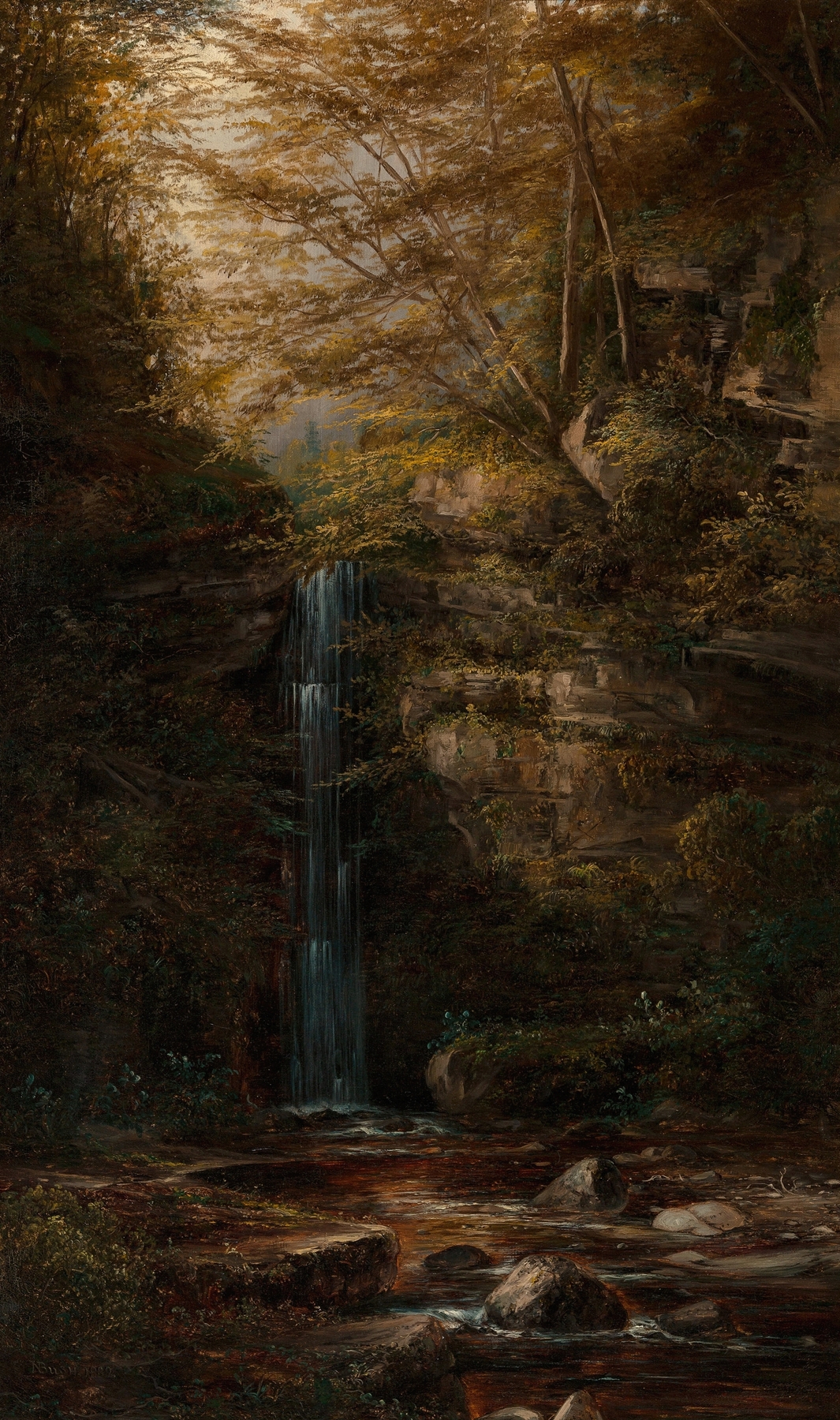 Madrone Falls of Milliken Creek by Norton Bush, oil on canvas depicting a waterfall in a forest