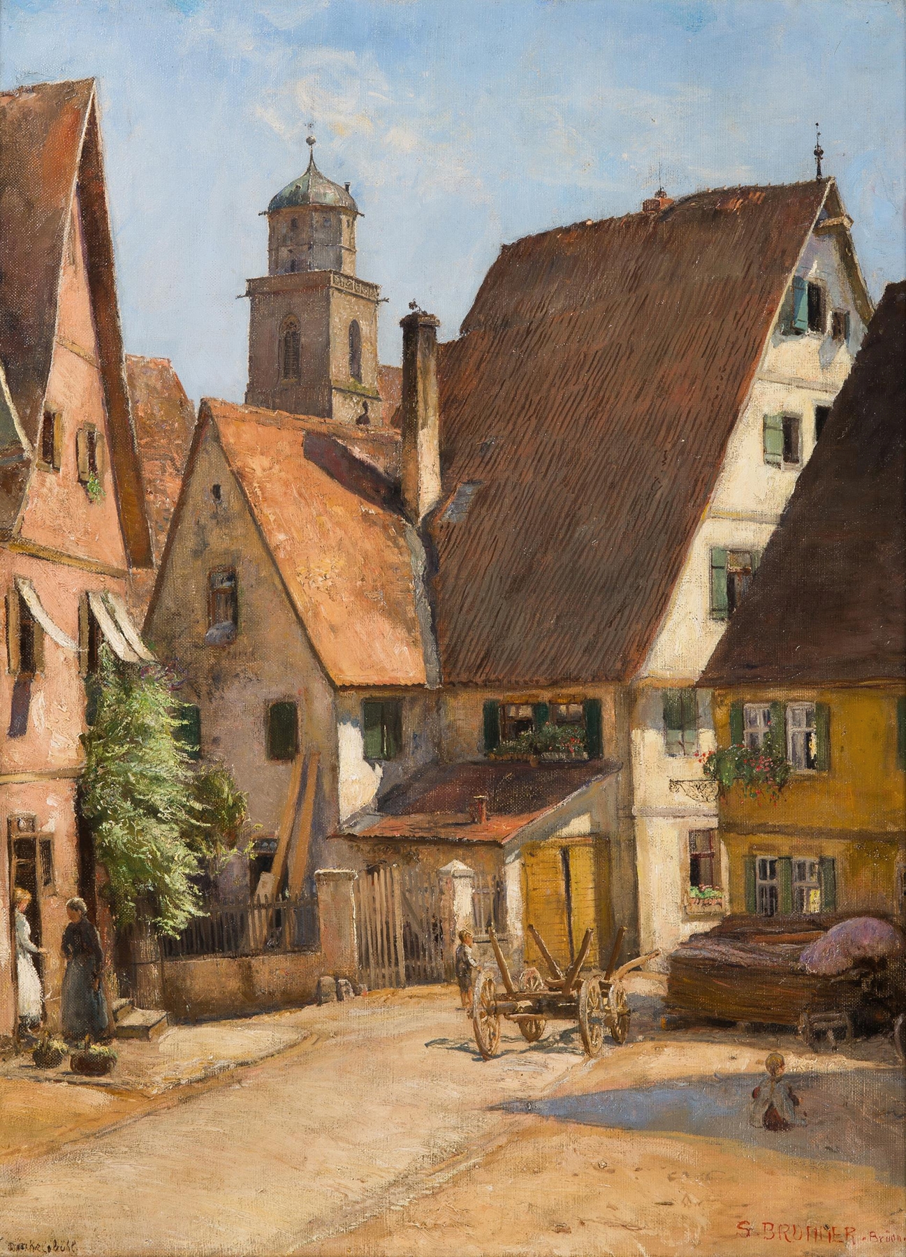 Landscape by Samuel Brunner depicting a quaint town with vibrant colors.