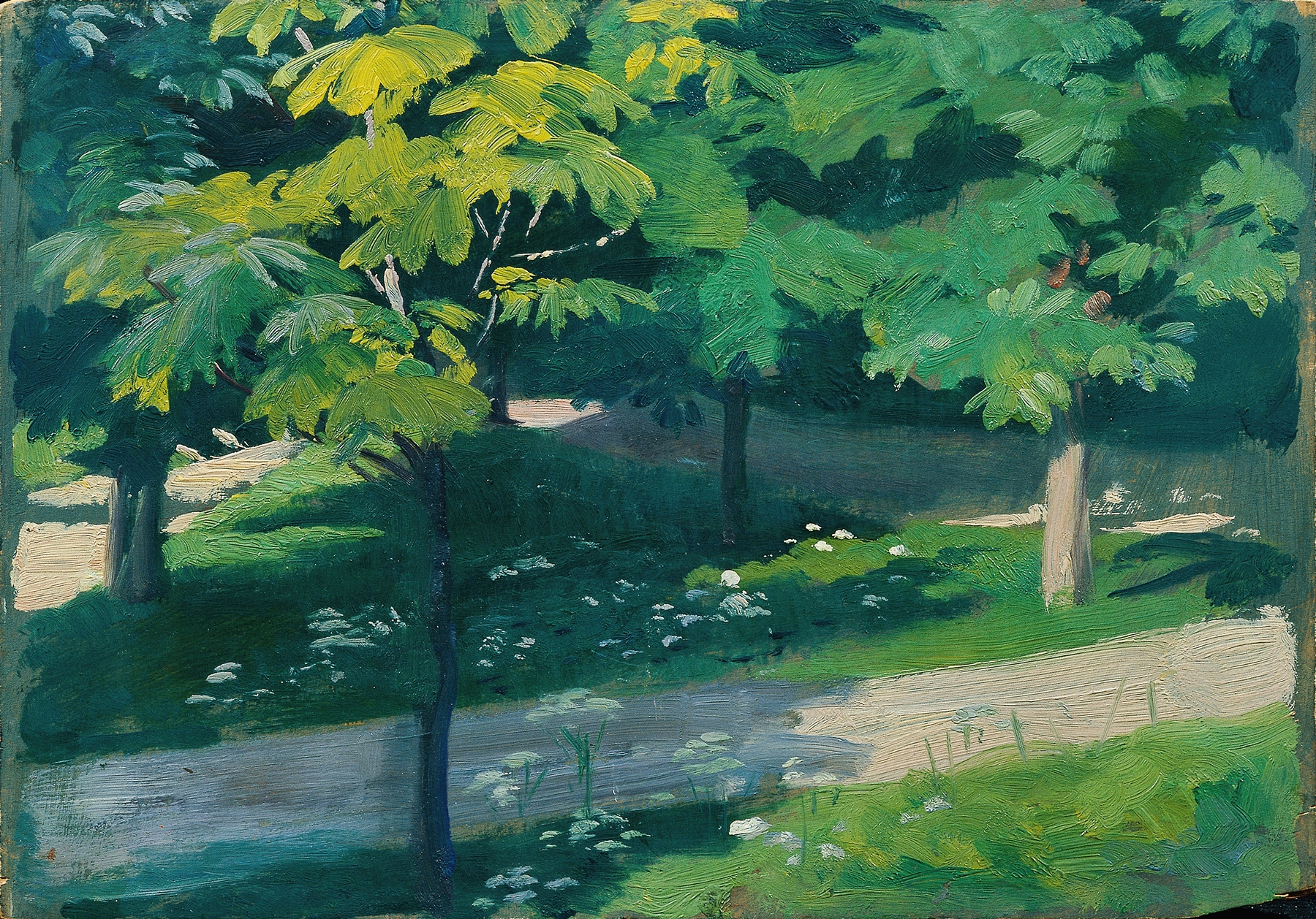 Kastanienallee by Otto Friedrich, oil on canvas depicting chestnut trees and dappled light.