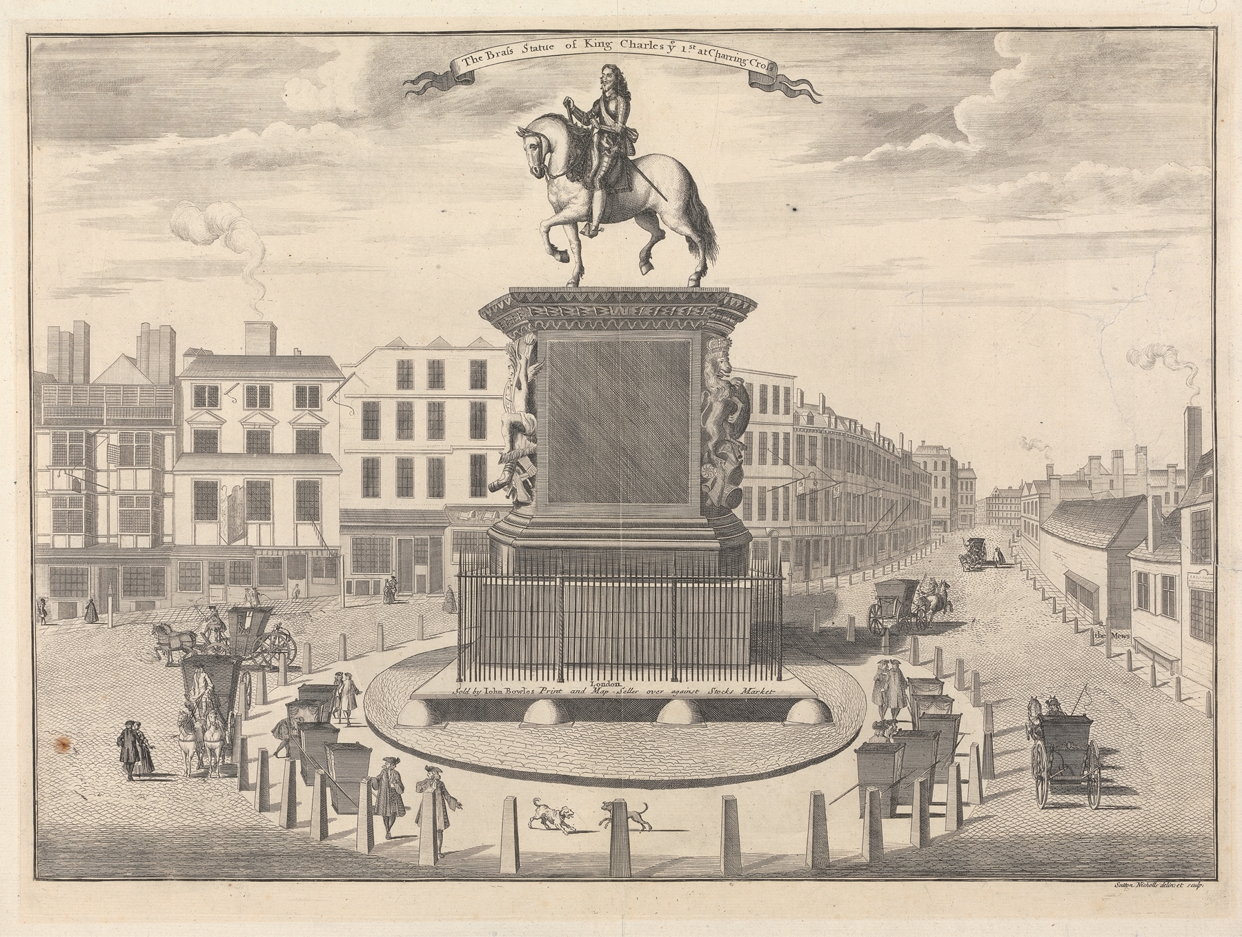 Brass statue of King Charles I at Charing Cross, engraving by Sutton Nicholls