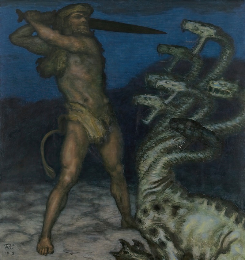 Franz von Stuck's painting depicts the myth of Hercules battling the Hydra.