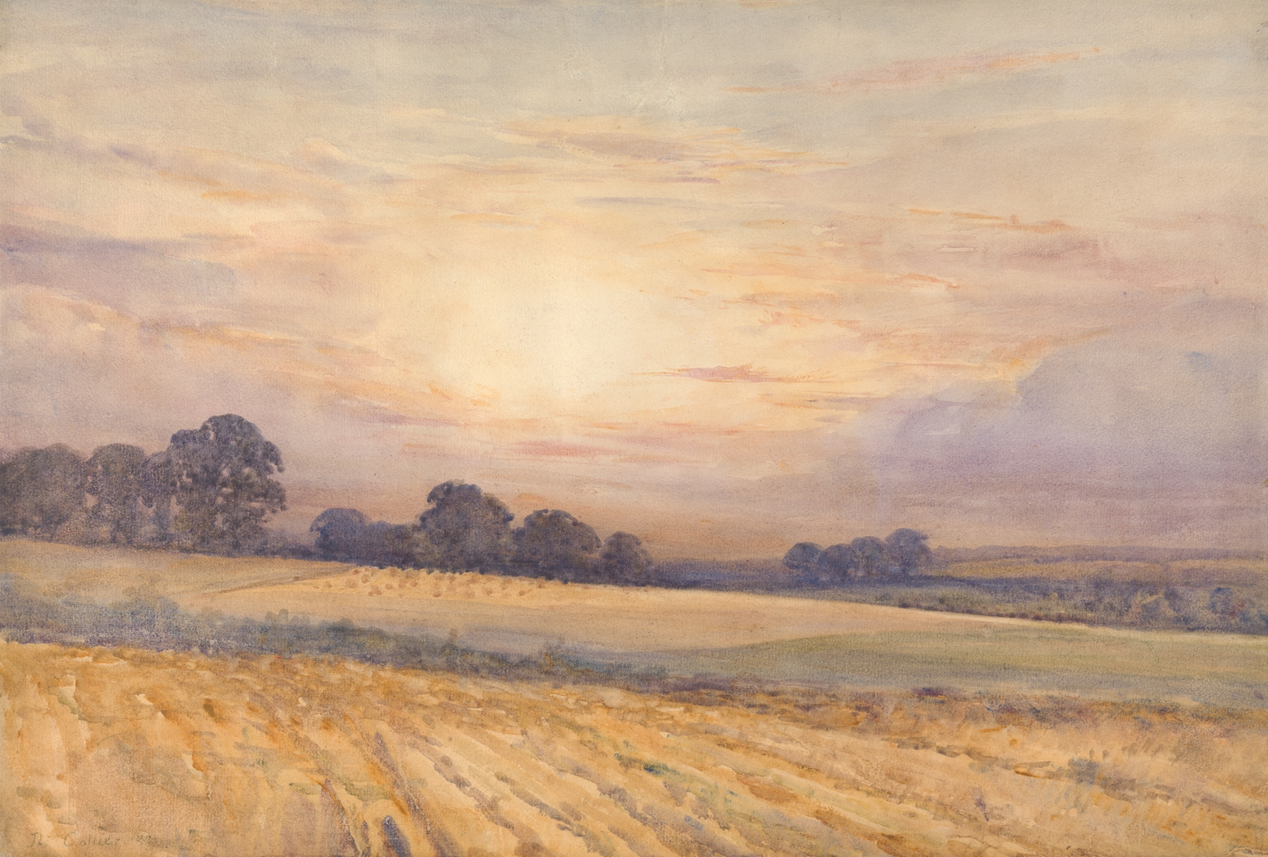 Landscape at Sunset by Thomas Collier, oil on canvas depicting a vibrant sunset with golden light.