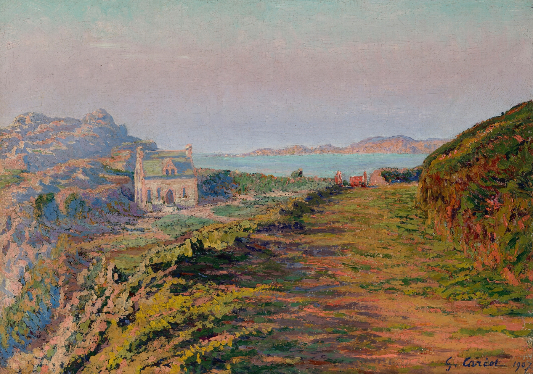 Coastal landscape with a house by Gustave Cariot, oil painting