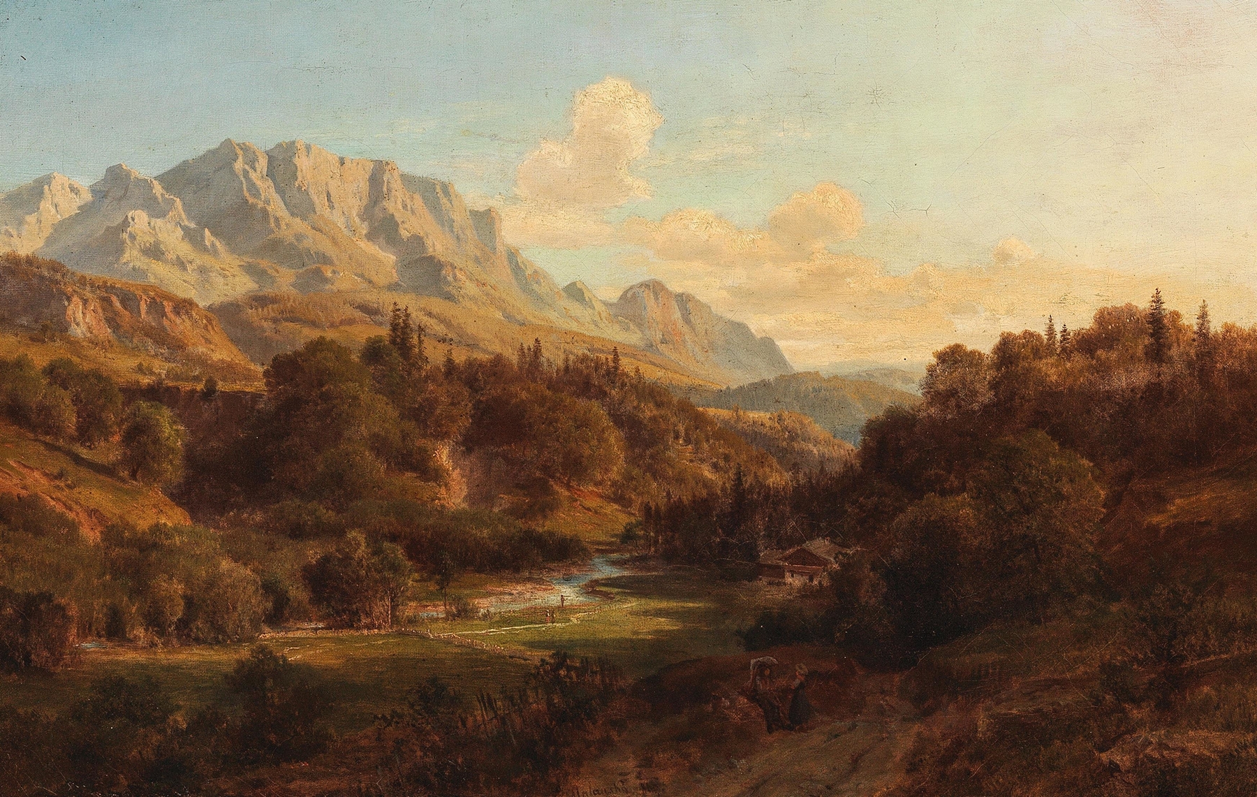 Landscape with village and Wild Kaiser mountains, oil on canvas by Ludwig Halauska