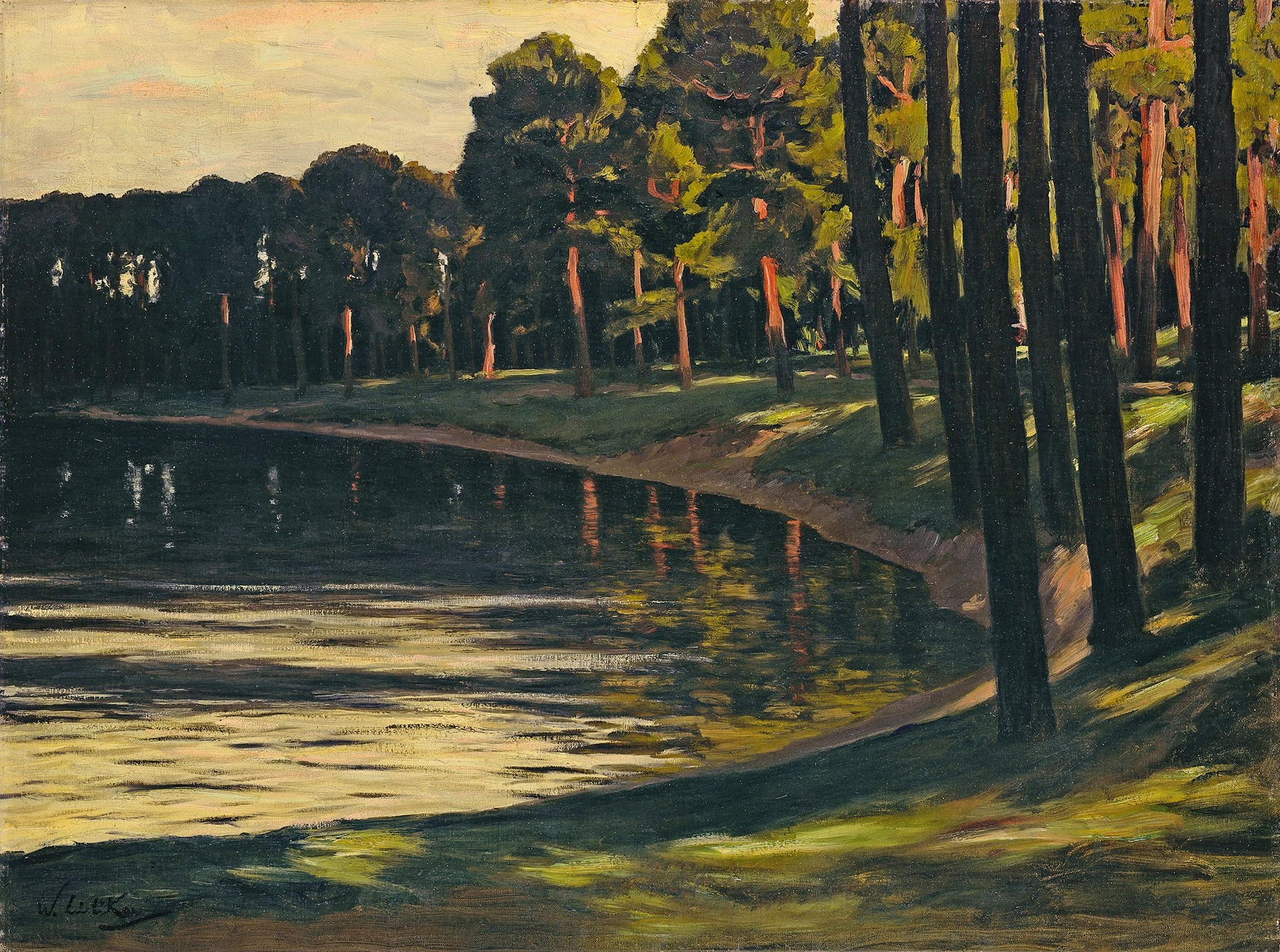 Tranquil landscape with water reflections, oil painting by Walter Leistikow