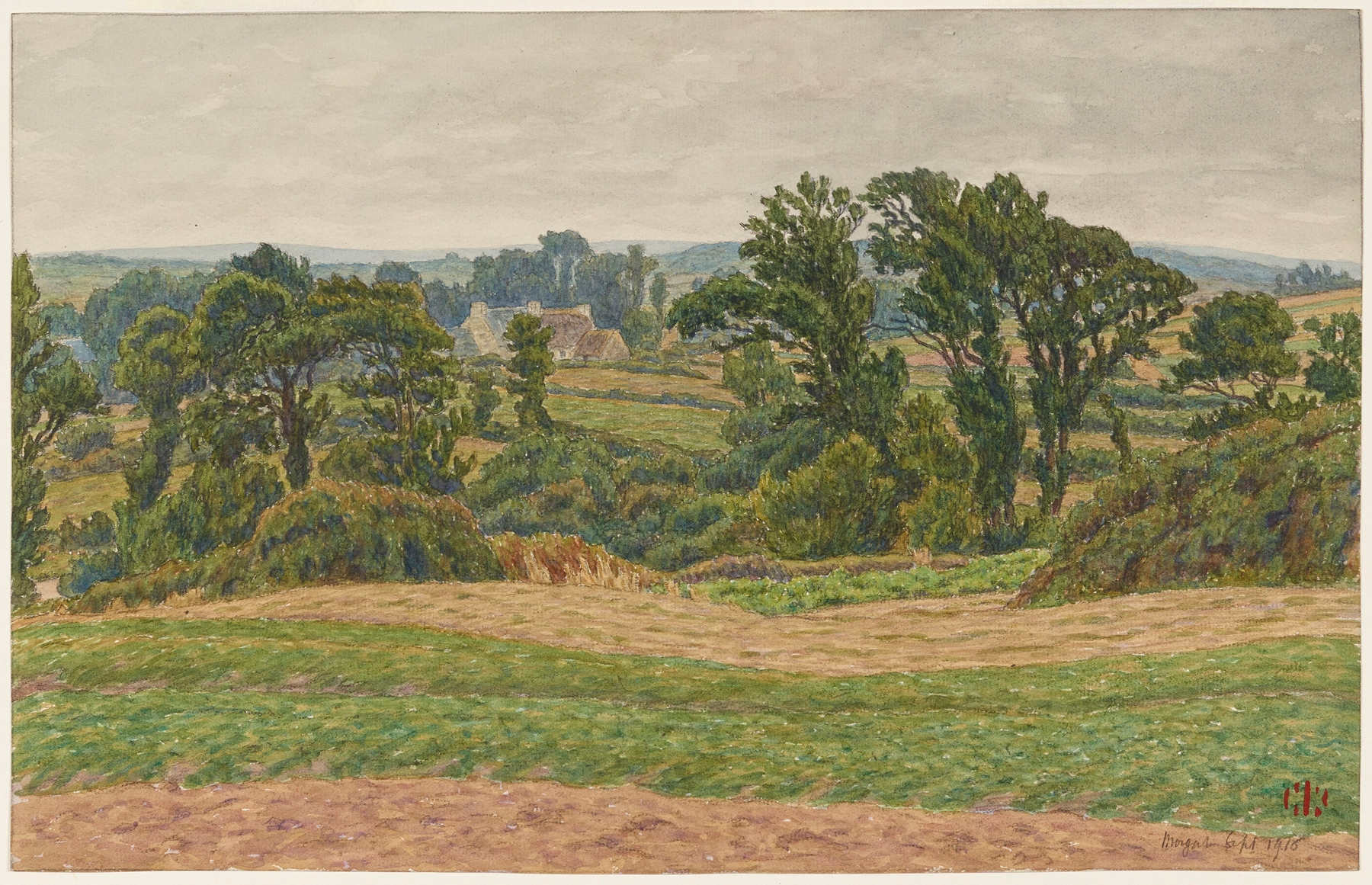 Watercolour by Henri Rivière depicting a coastal landscape after rain.