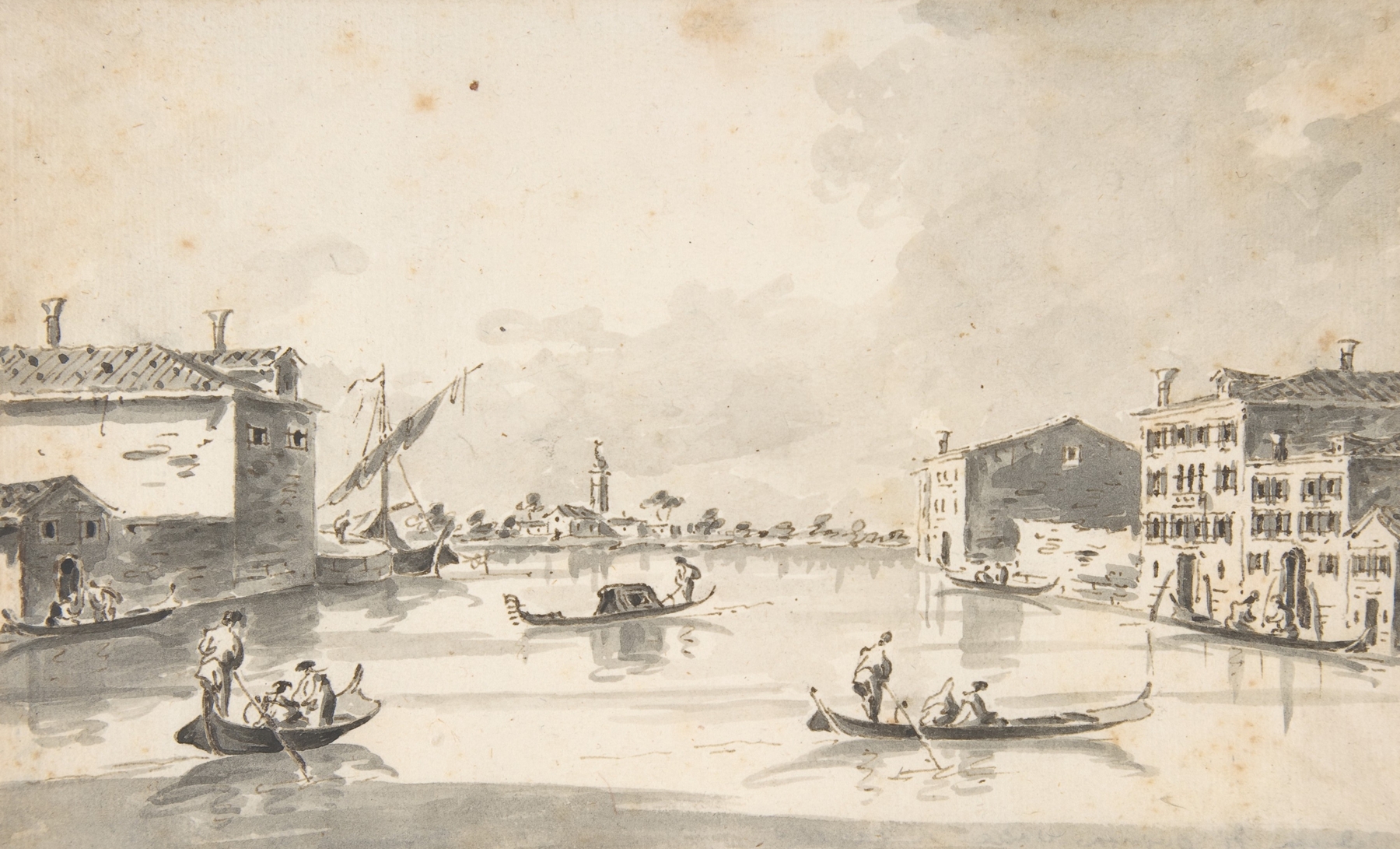 The Island of Burano by Giacomo Guardi, oil on canvas, depicting colorful houses along a canal.
