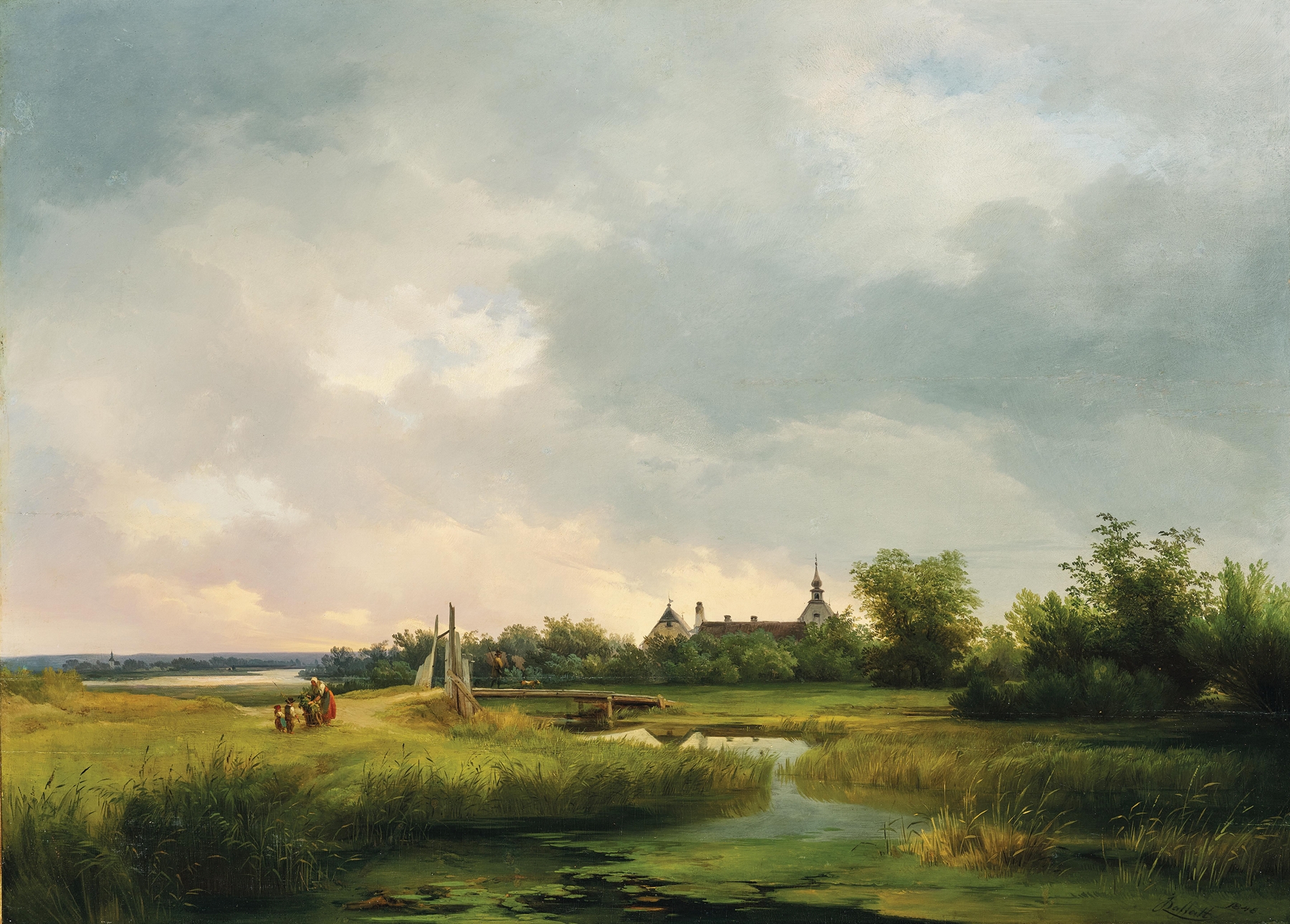 A Vast River Landscape with a Family Returning Home, oil painting by Ignaz Raffalt