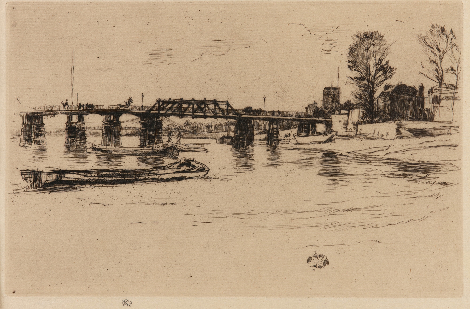 Chelsea by James Abbott McNeill Whistler, oil painting depicting a tranquil river with figures.