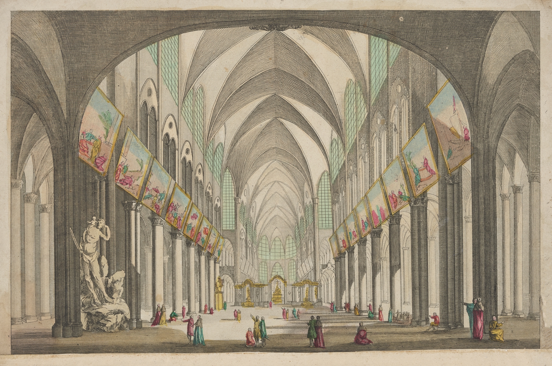 Perspective view of Notre Dame Cathedral interior, Gothic architecture, unknown artist