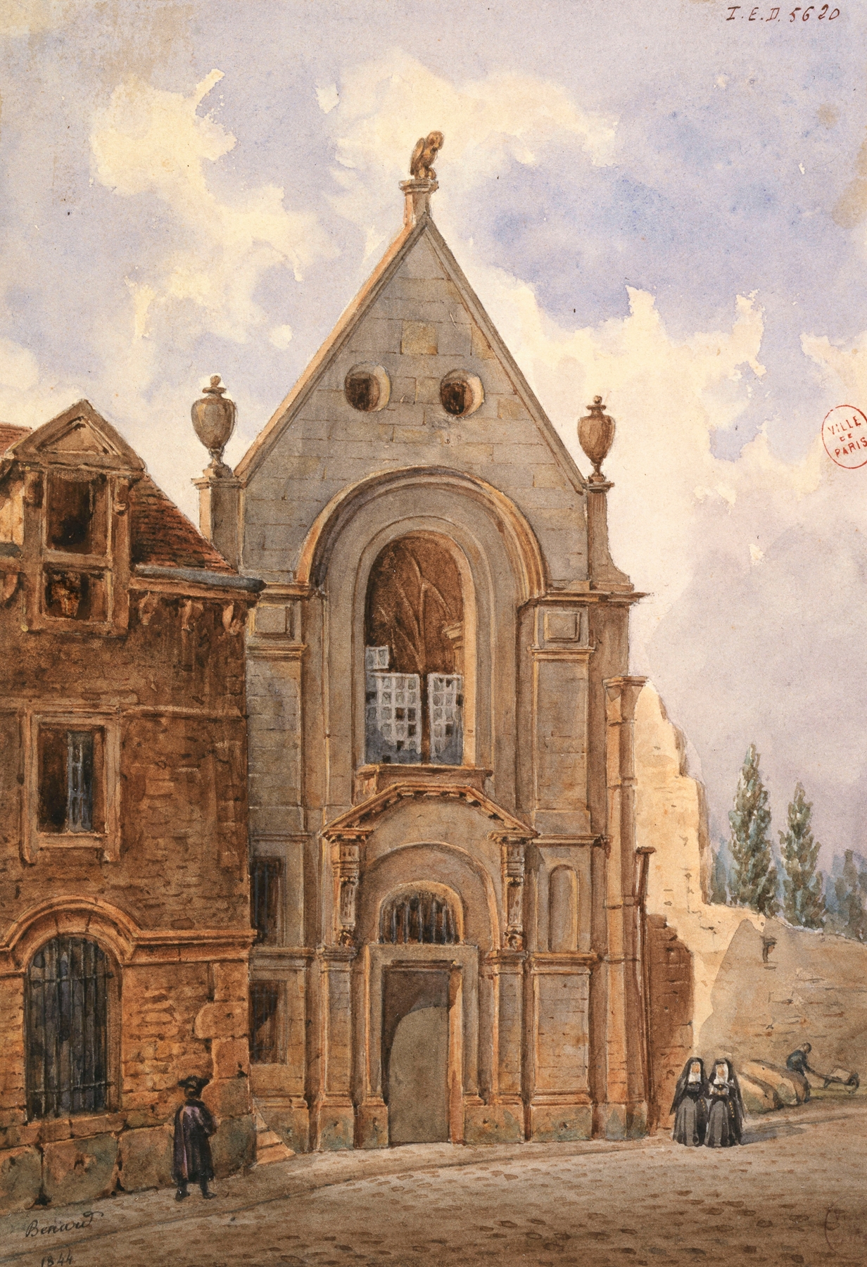 Vue de l’extérieur d’une chapelle by Auguste-Sébastien Bénard, oil painting depicting a chapel in a landscape.