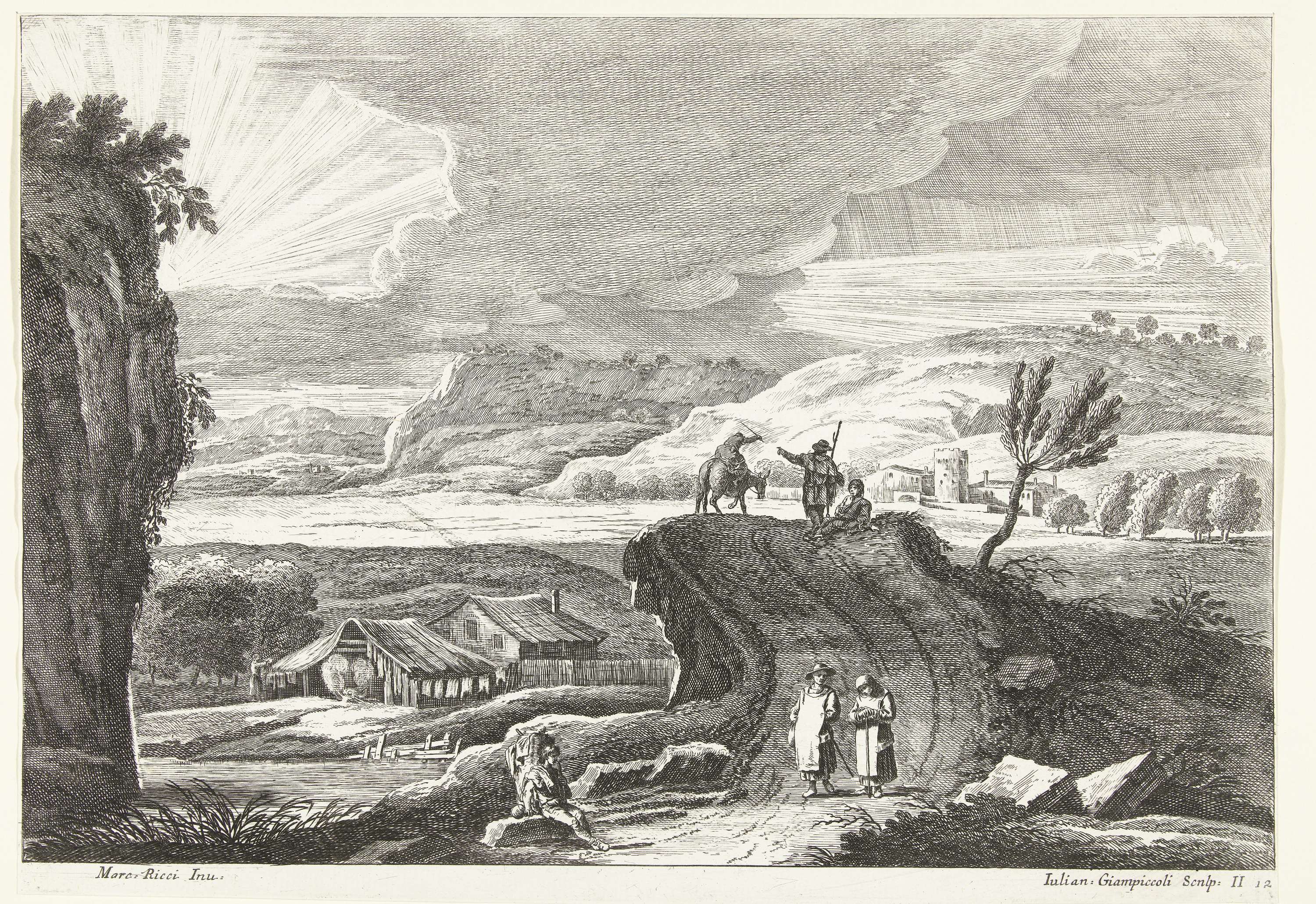 Heuvellandschap met pelgrims op weg en ondergaande zon, etching by Giuliano Giampiccoli