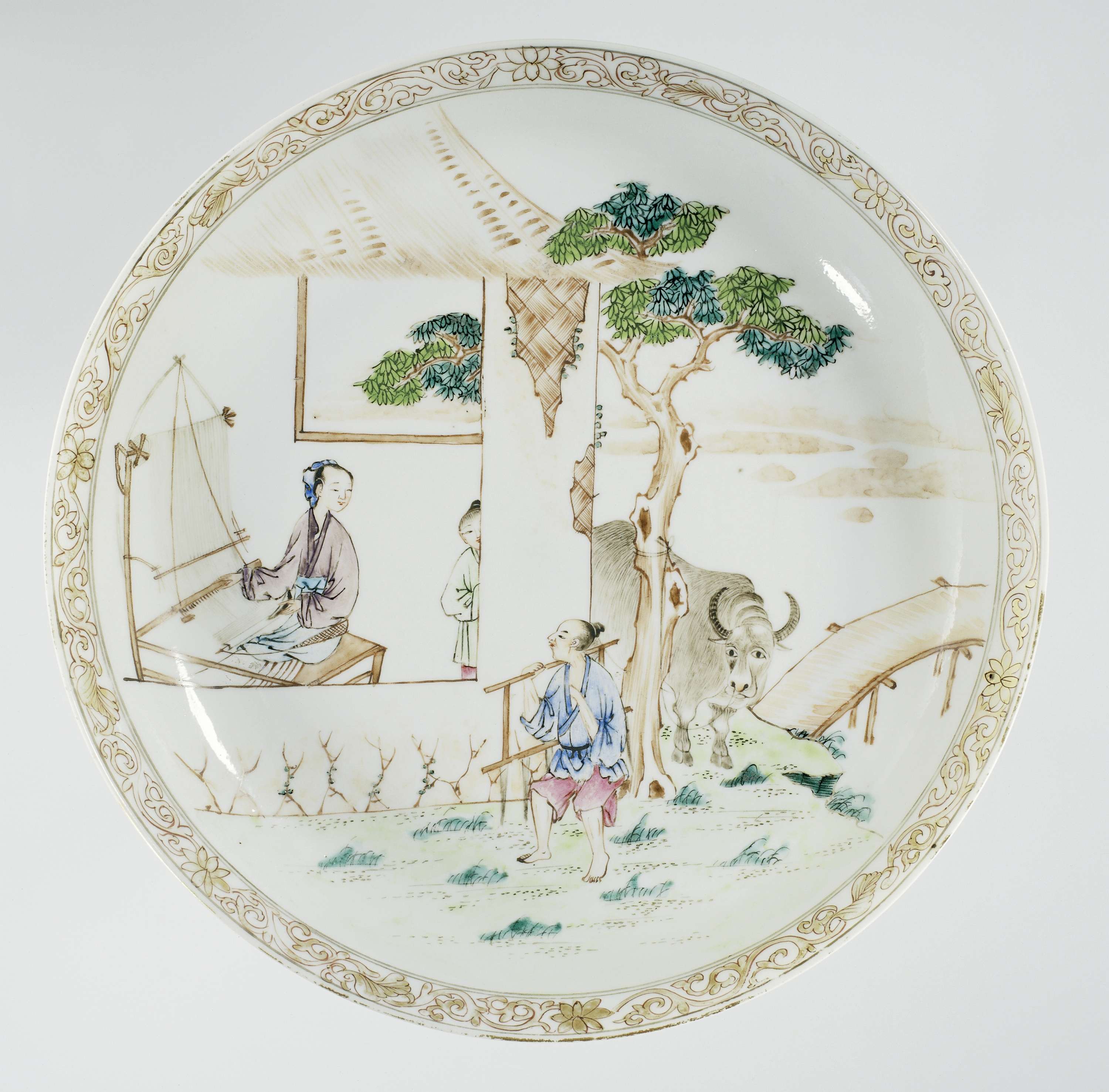 Dish depicting The Cowherd and the Weaver Girl, ink on silk, unknown artist