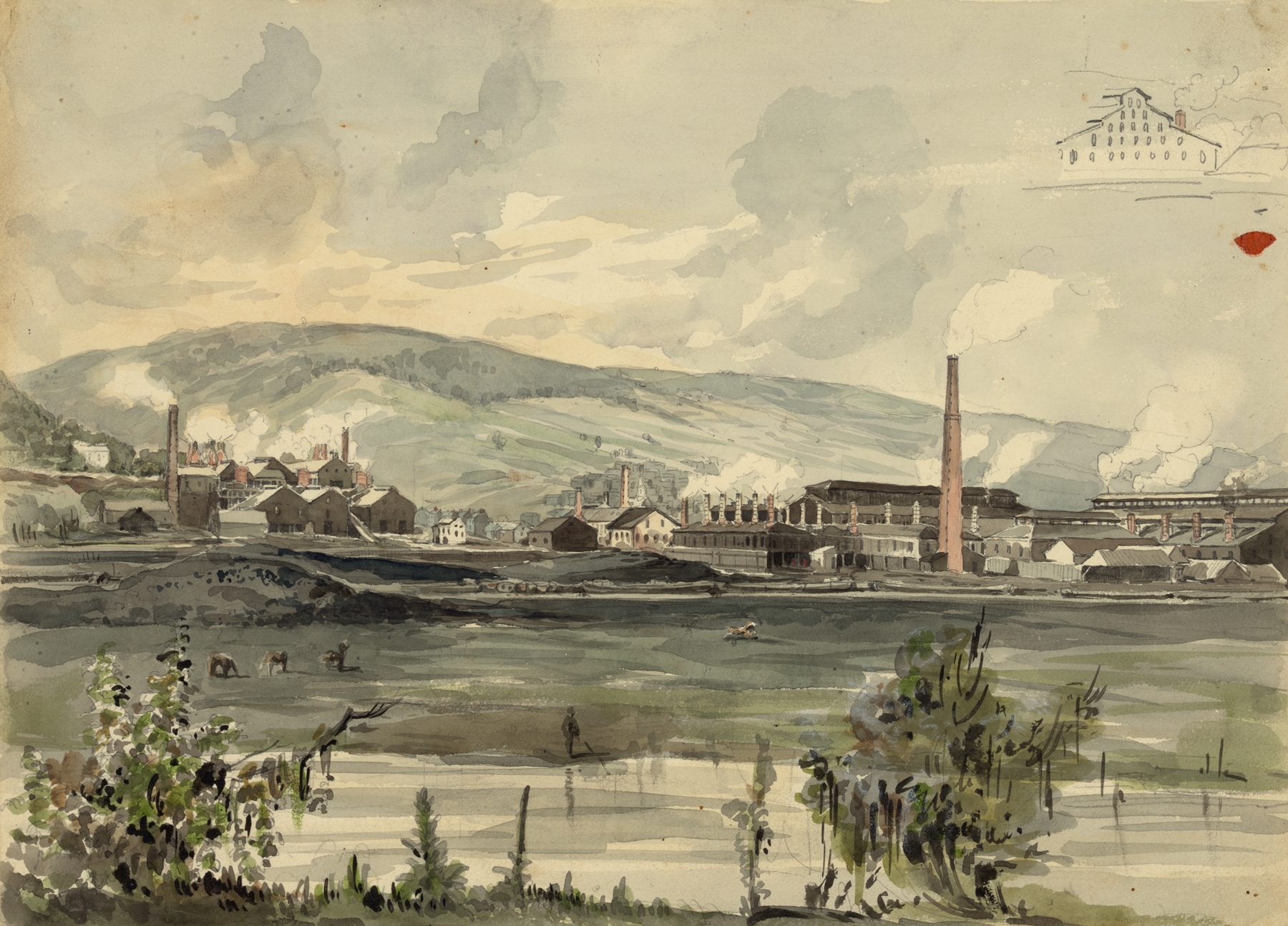 River view with factory by James Fuller Queen, realism, depicting a factory beside a river and lush greenery.