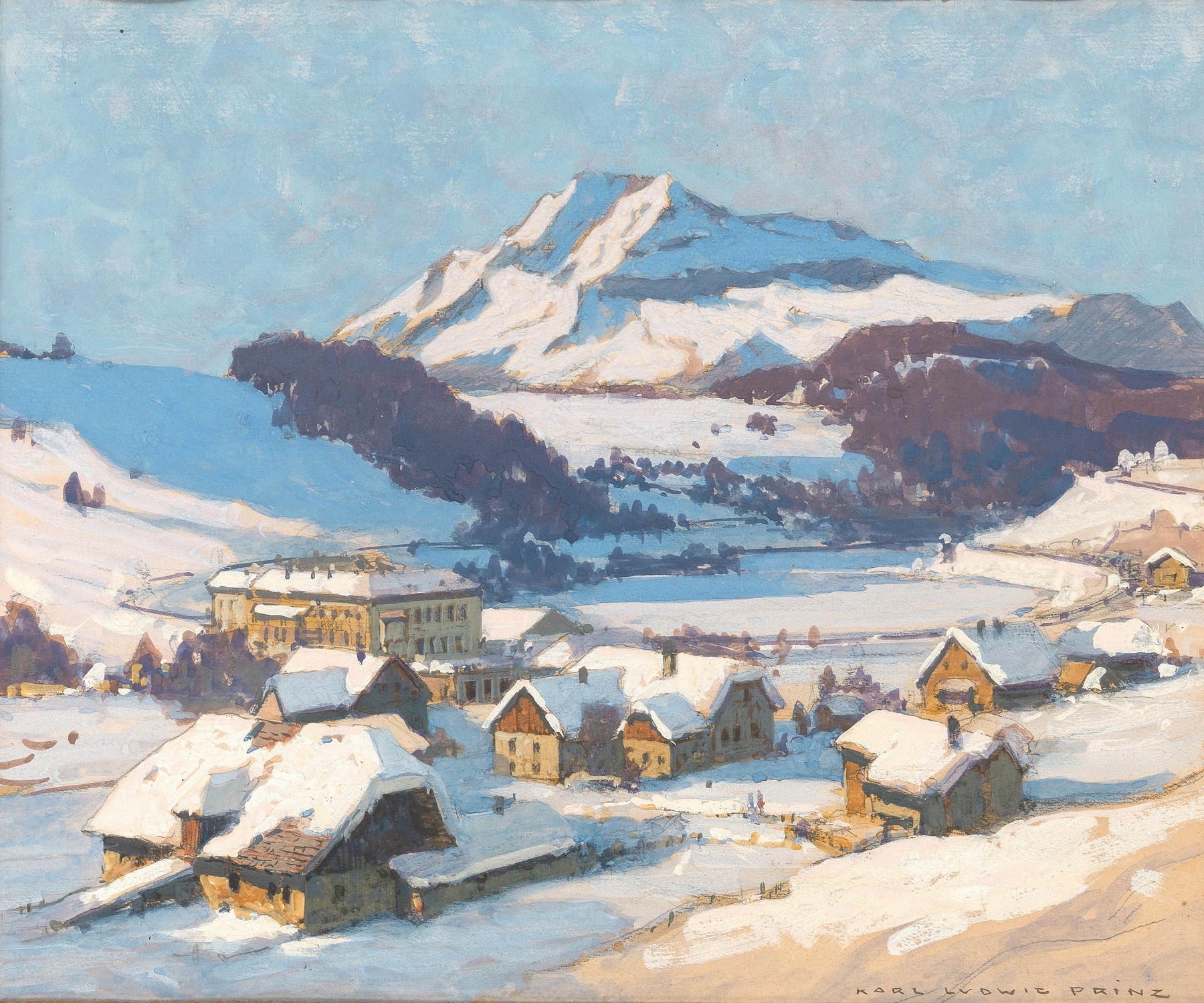 Wienerbruck and Ötscher mountain at snow by Karl Ludwig Prinz, depicting a winter landscape.