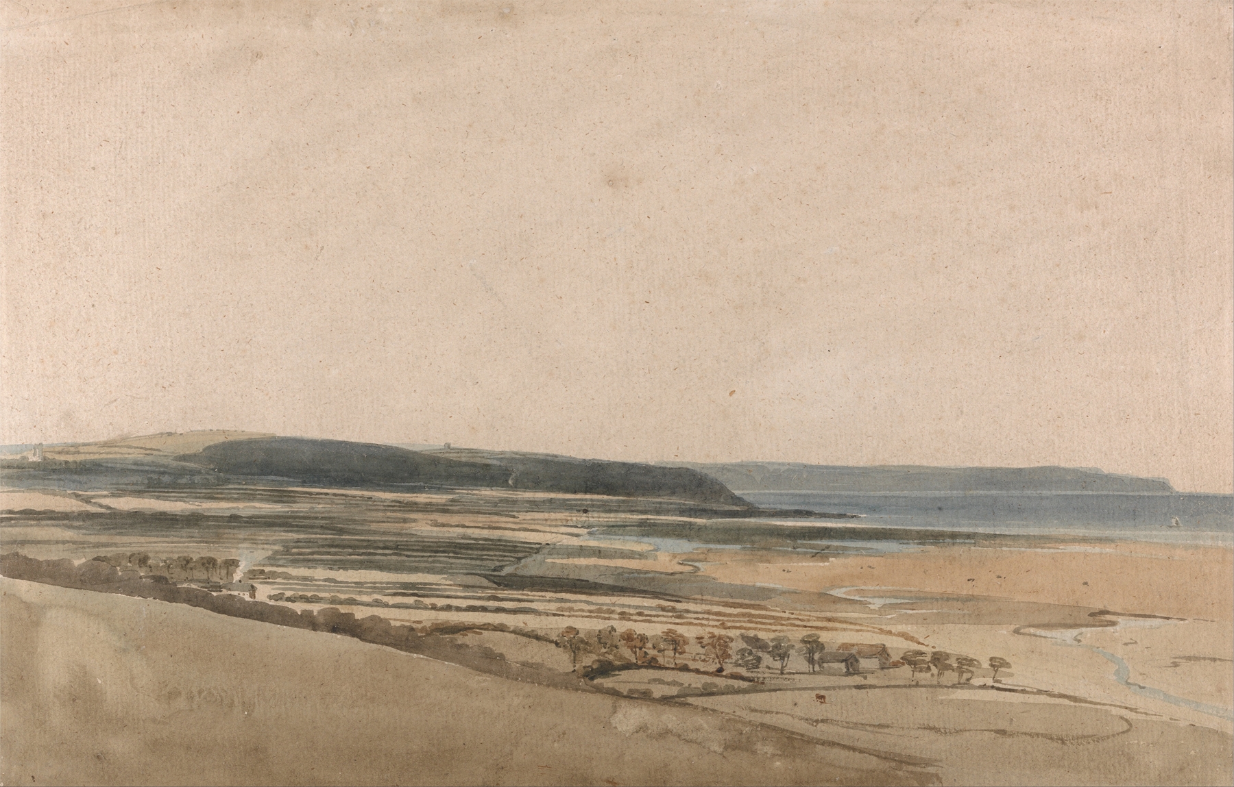 Watercolour by Thomas Girtin depicting the estuary on the River Taw, Devon, with rolling hills.