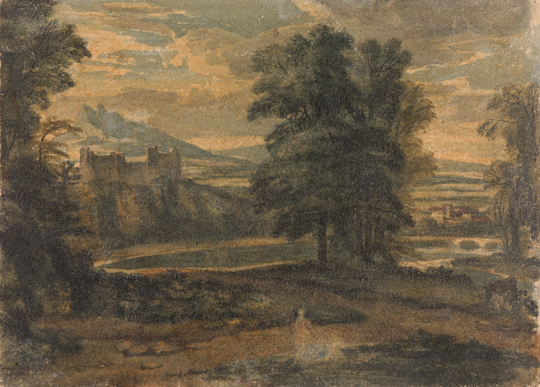 Landscape with Mountains, Castle, Trees and Lake, by Thomas Sully, public domain