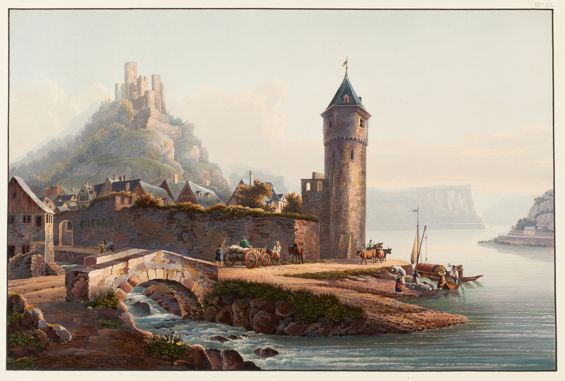 Vue de St. Goarshausen et de la ruine de Katzenellenbogen, oil painting by Johann Ludwig Bleuler