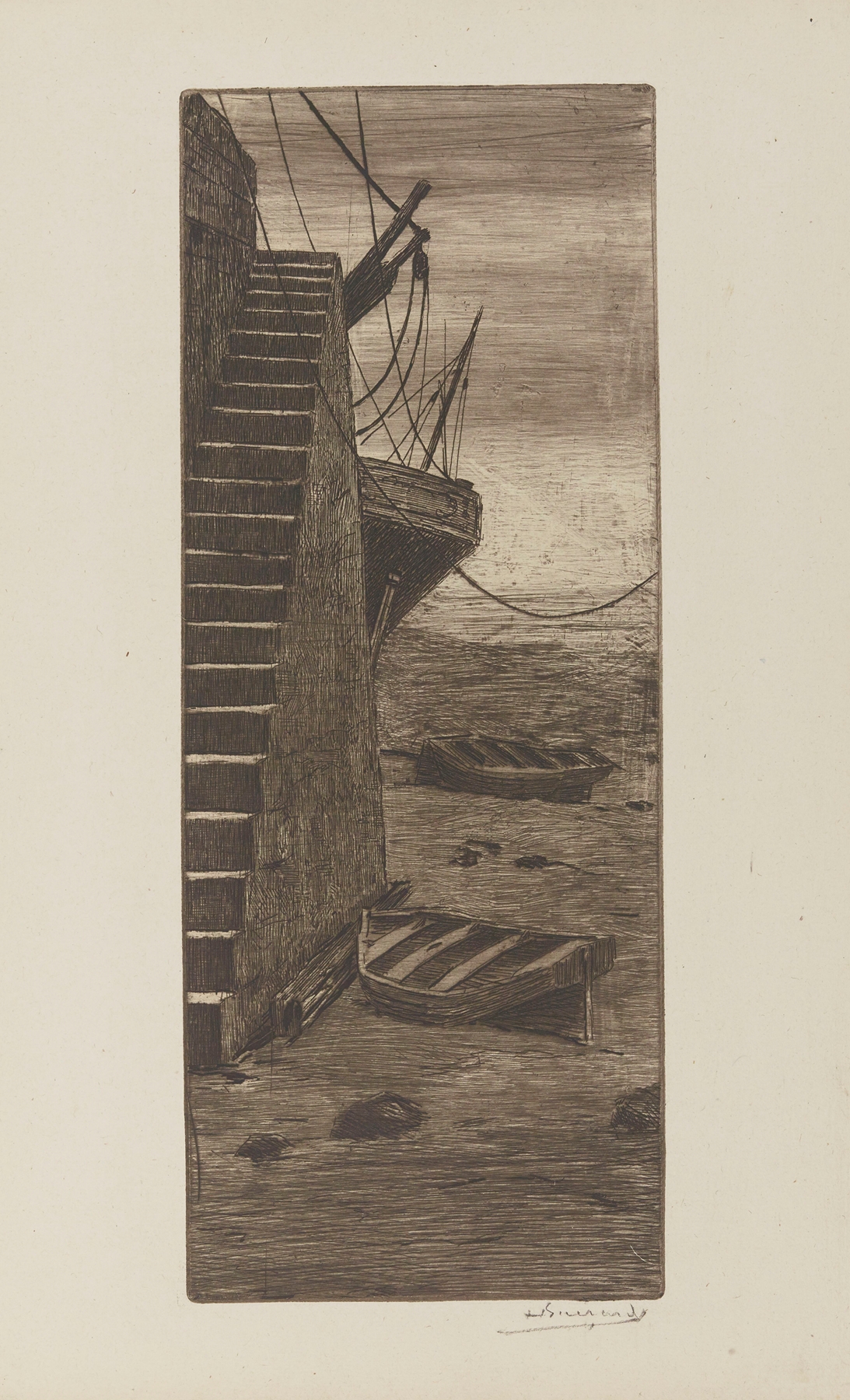 Interior scene featuring a wooden staircase in shadow by Henri-Charles Guérard, etching
