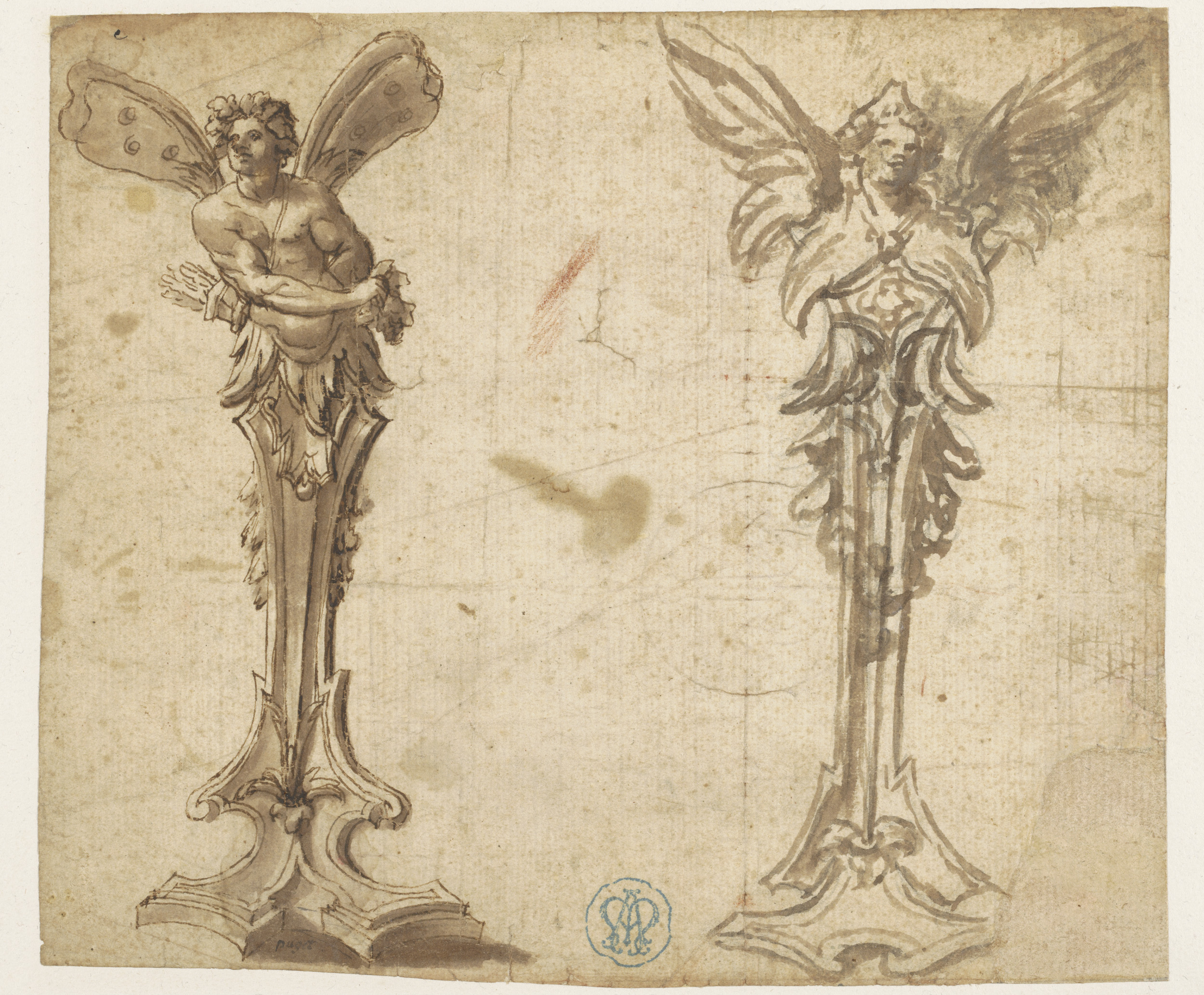 Twee ontwerpen voor gevleugelde hermen, by Pierre Puget, public domain