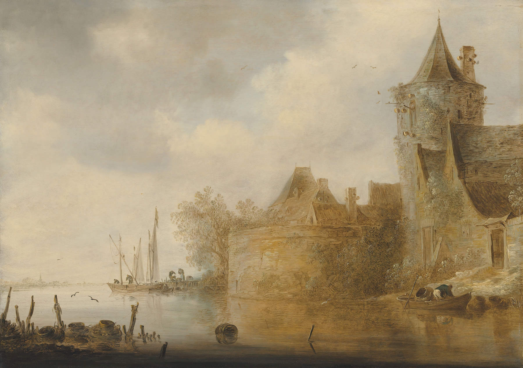 River landscape with a tower and village buildings, oil on canvas by Cornelis van der Schalcke