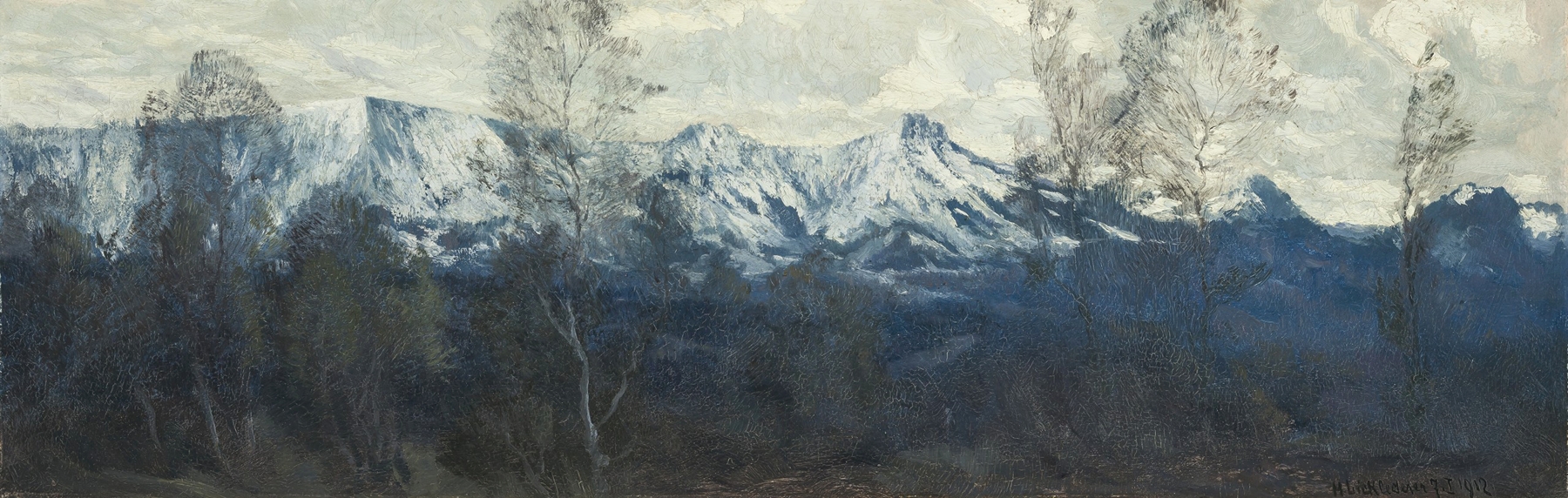 Wintertag by Michael Licklederer, oil painting depicting a winter landscape with mountains and snow.
