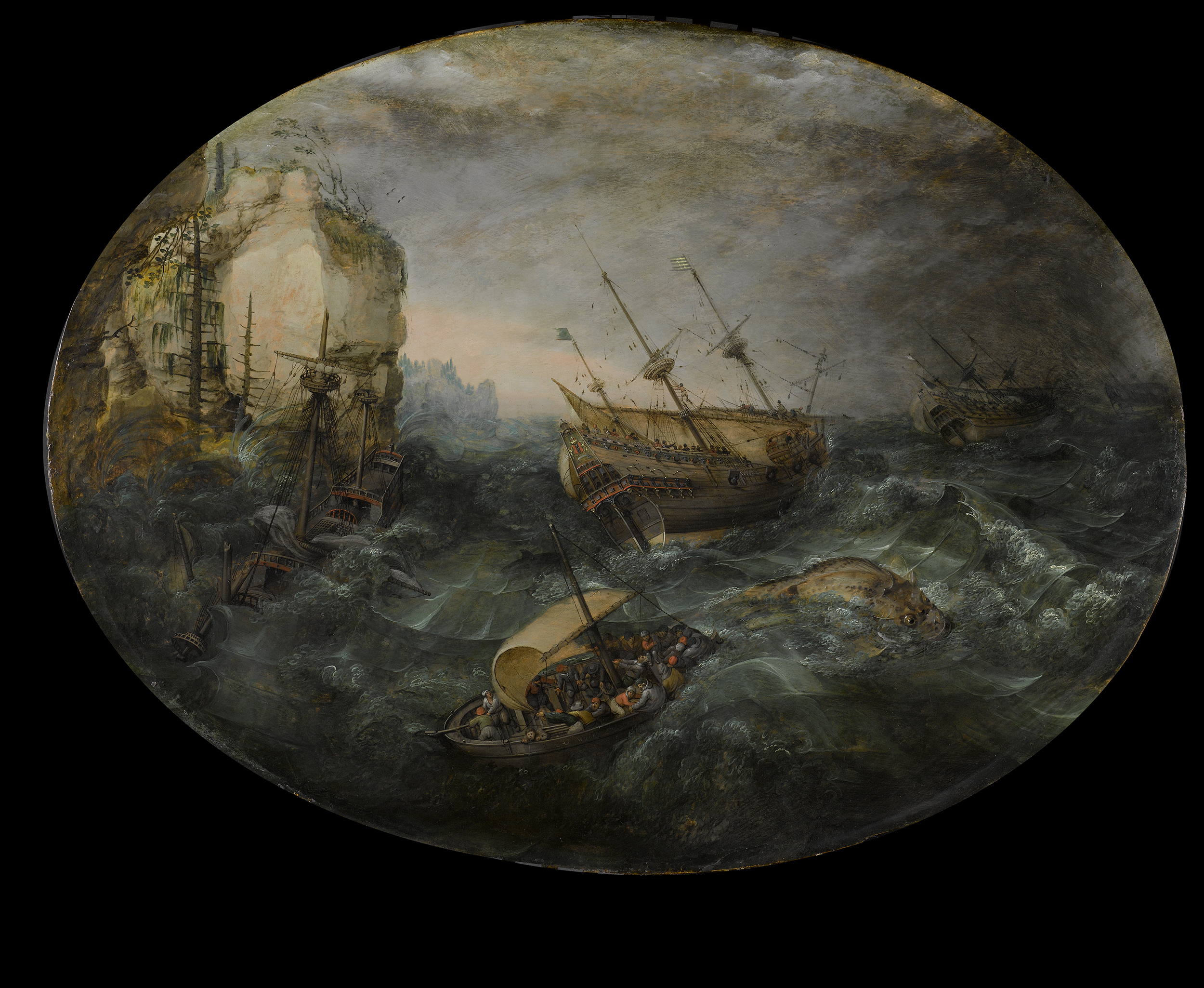 Shipwreck off a Rocky Coast by Adam Willaerts, oil on panel, showing wrecked ships and survivors in a storm.