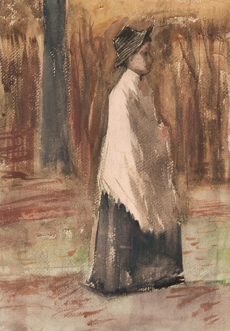 A woman stands in a lush wood, surrounded by vibrant colors and expressive brushwork.