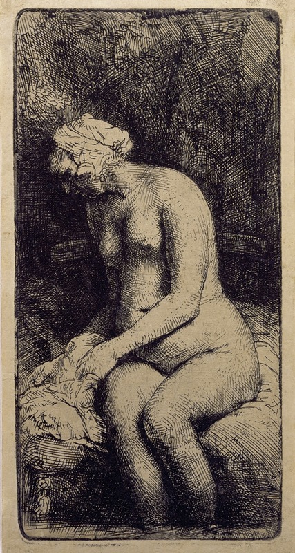 A serene depiction of a woman bathing her feet in a brook.