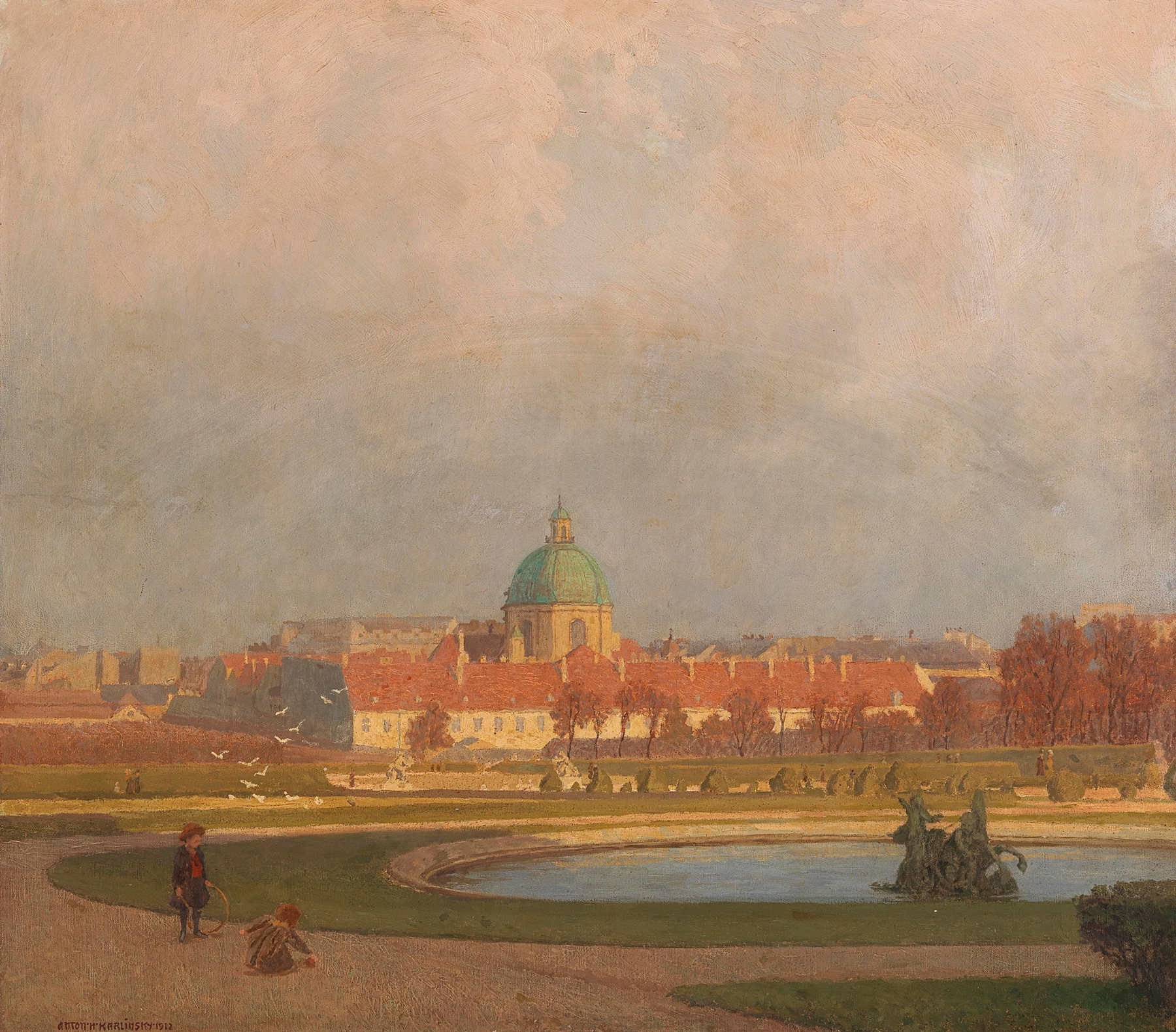 Children Playing in the Belvedere Gardens, in the Background the Salesian, by Anton Hans Karlinsky, public domain