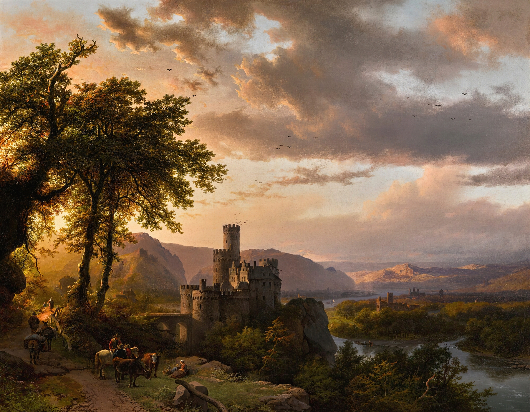 A hilly landscape with a castle and travelers on a path, oil painting by Barend Cornelis Koekkoek.