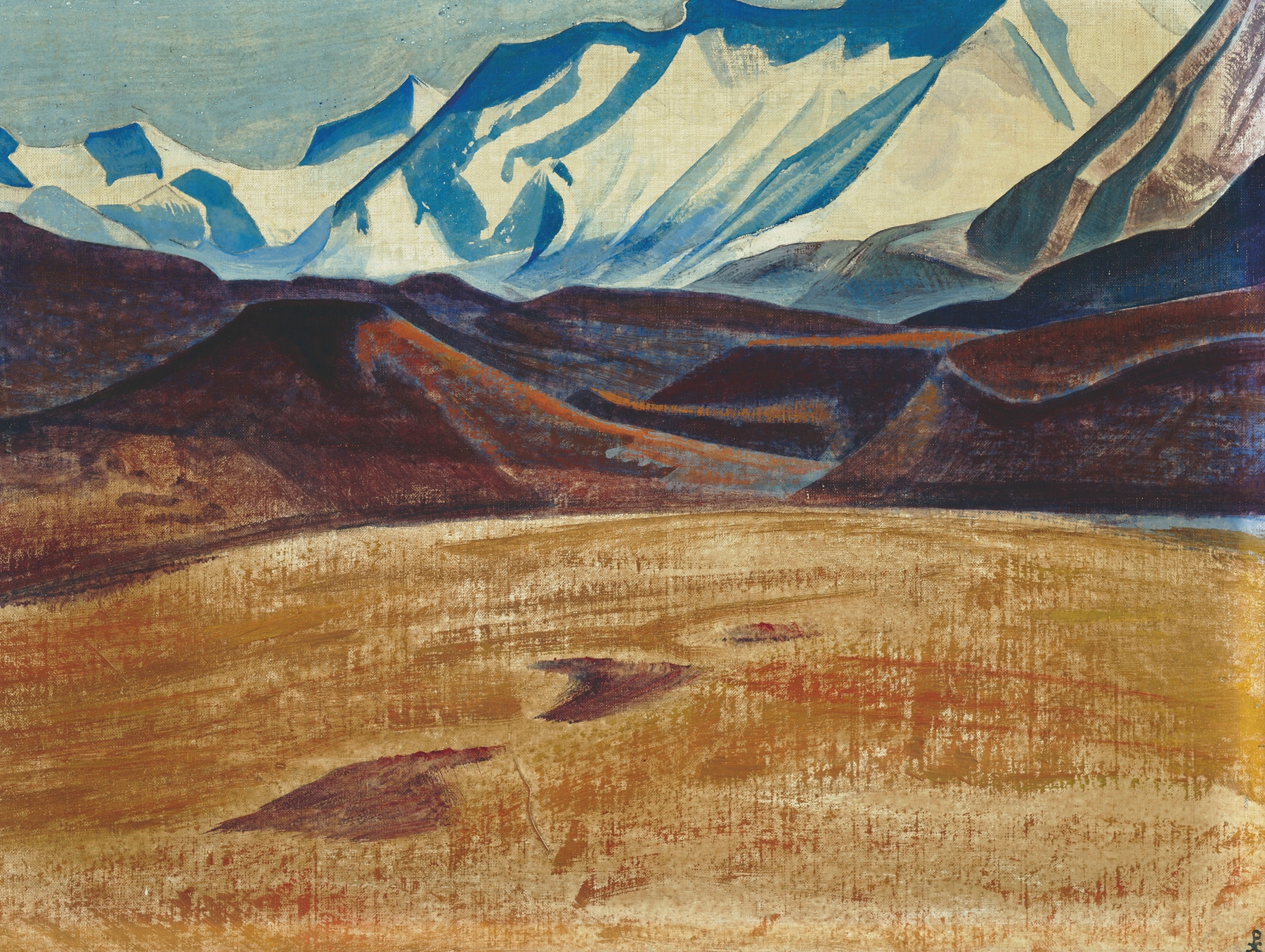 Depsang plains oil painting by Nicholas Roerich depicting rolling hills and a natural landscape.