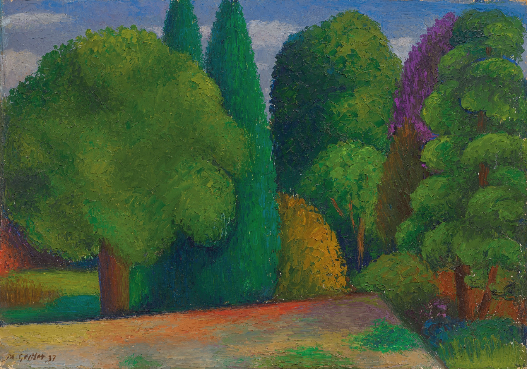 Landscape Row of Trees by Mark Gertler, oil on canvas depicting tall trees against a lighter backdrop.