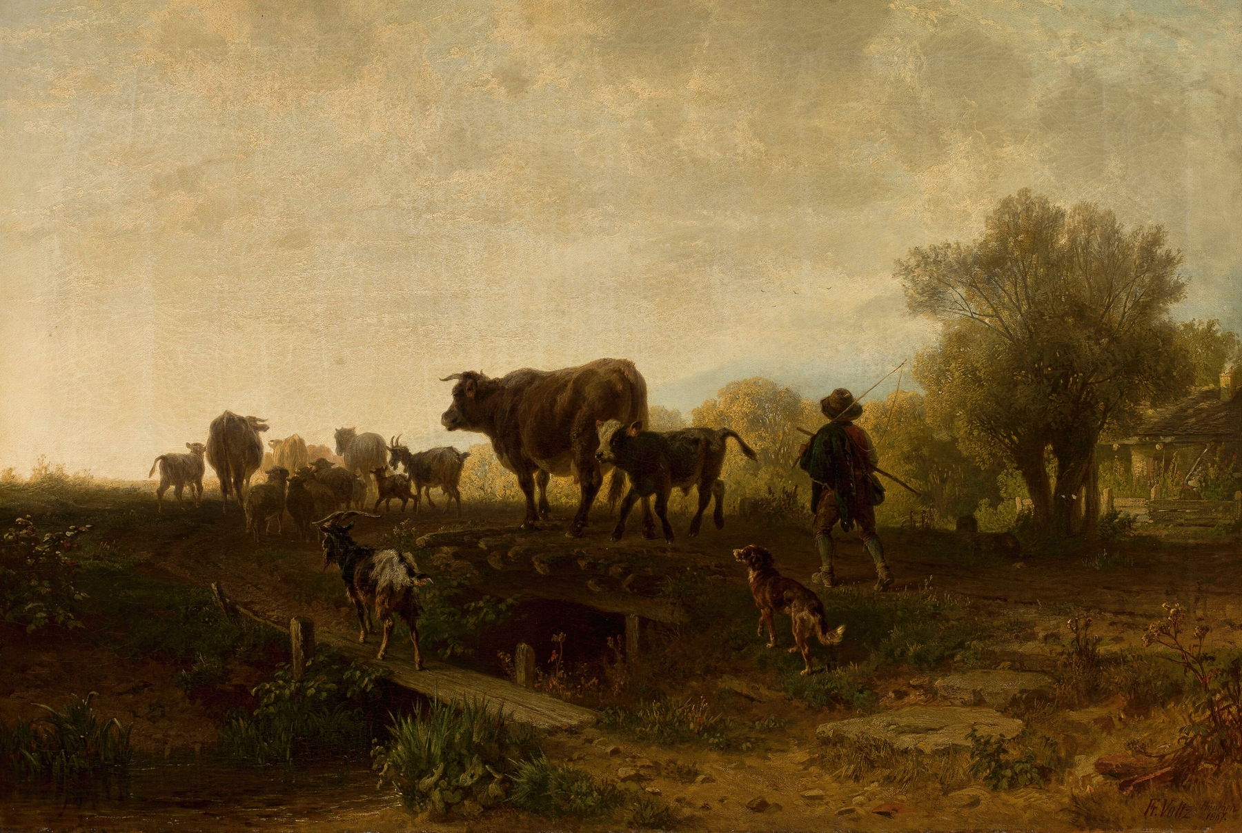 Shepherd with cattle, oil on canvas by Friedrich Voltz