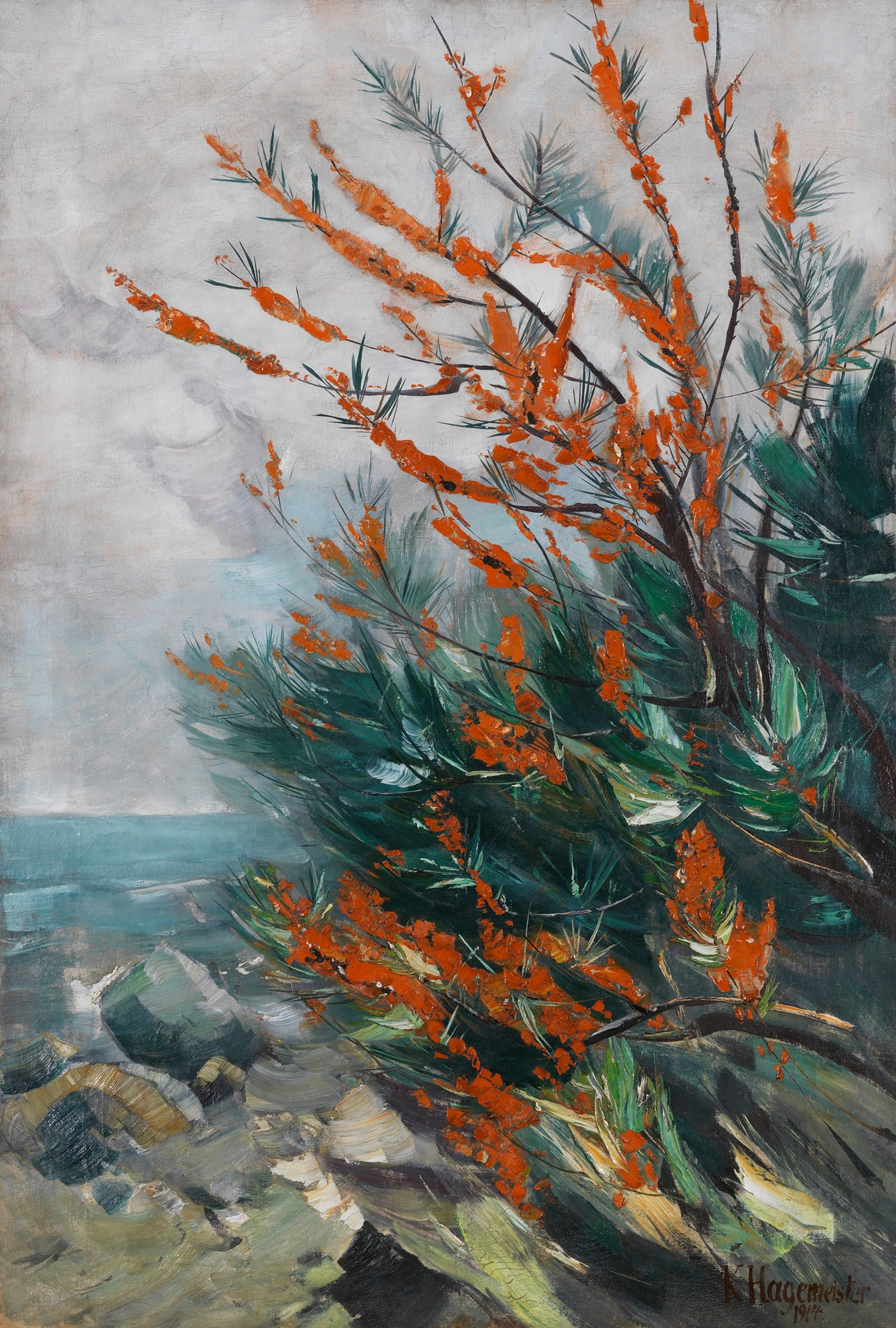 Coastal landscape with sandthorn bush and orange berries by Karl Hagemeister, oil painting.